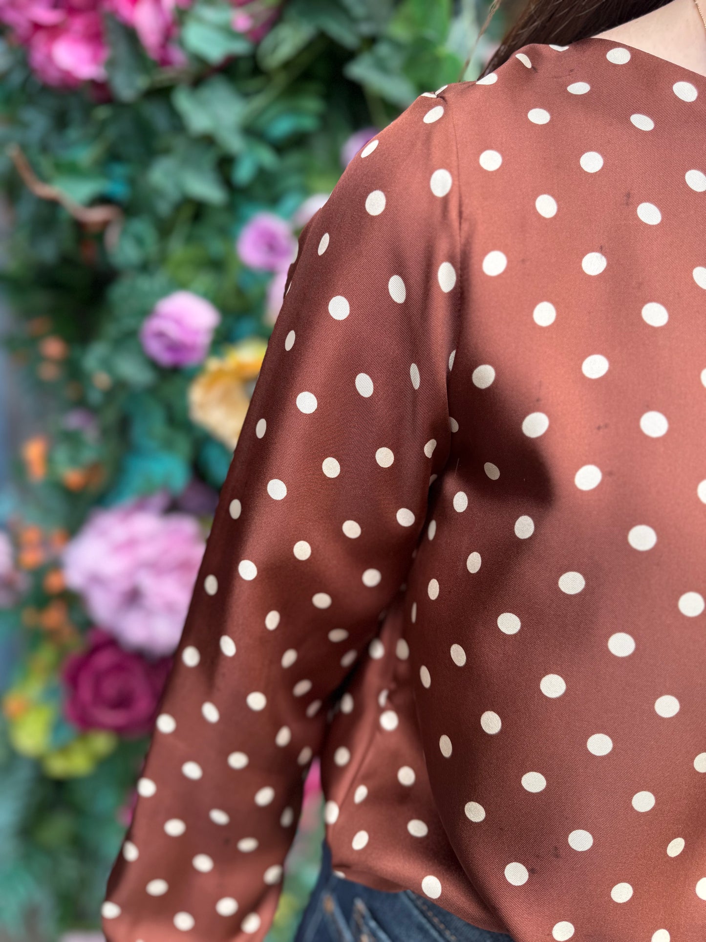Caliban Silk Brown And Cream Polka Dot Top
