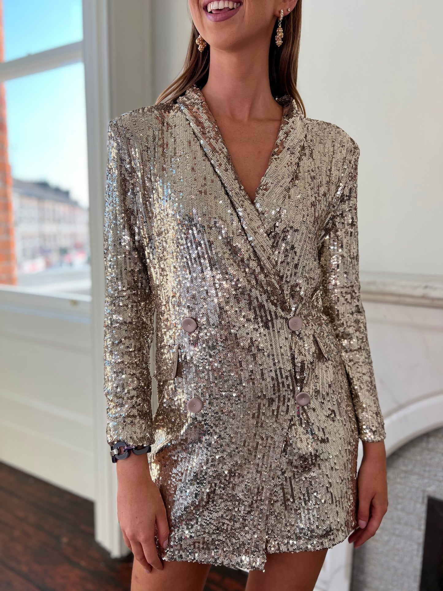 Notre Sequin Double Breasted Dress in Gold