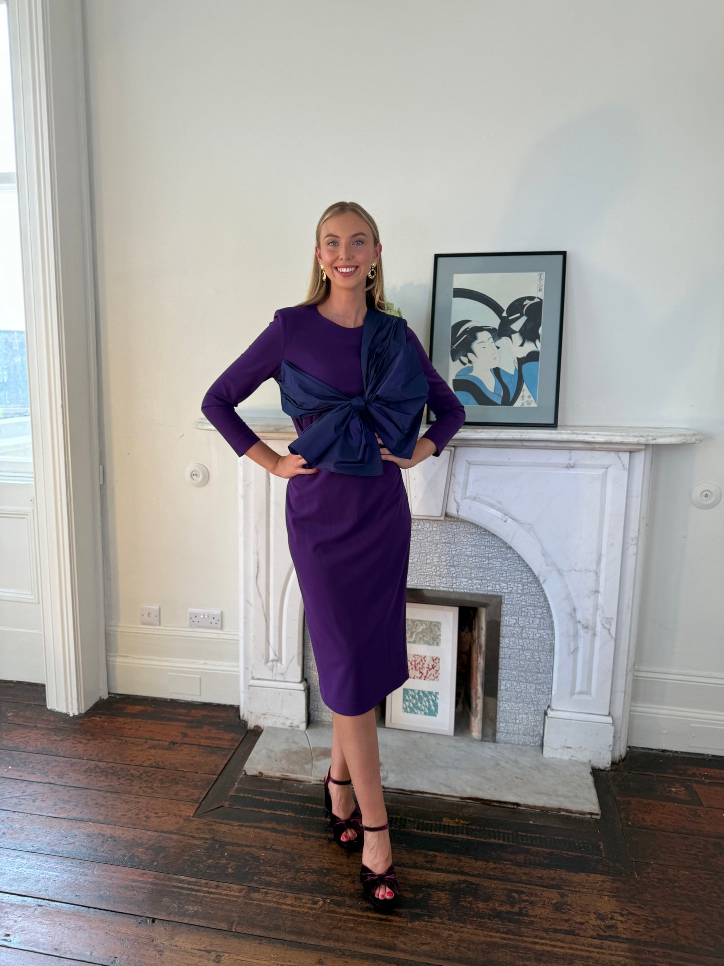 Moskada Purple Fitted Dress with Taffeta Bow Detail