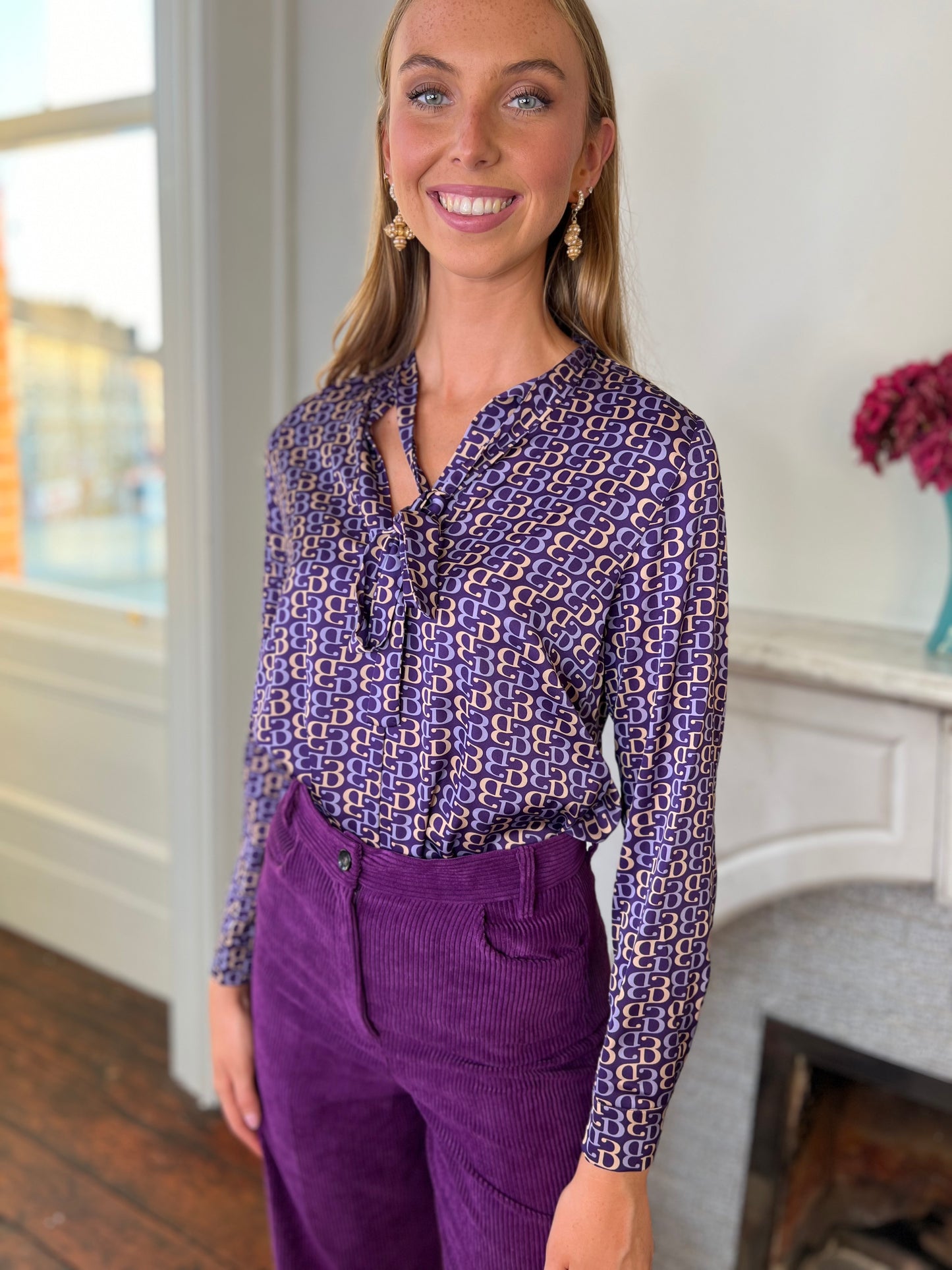 Purple Printed Neck Tie Blouse