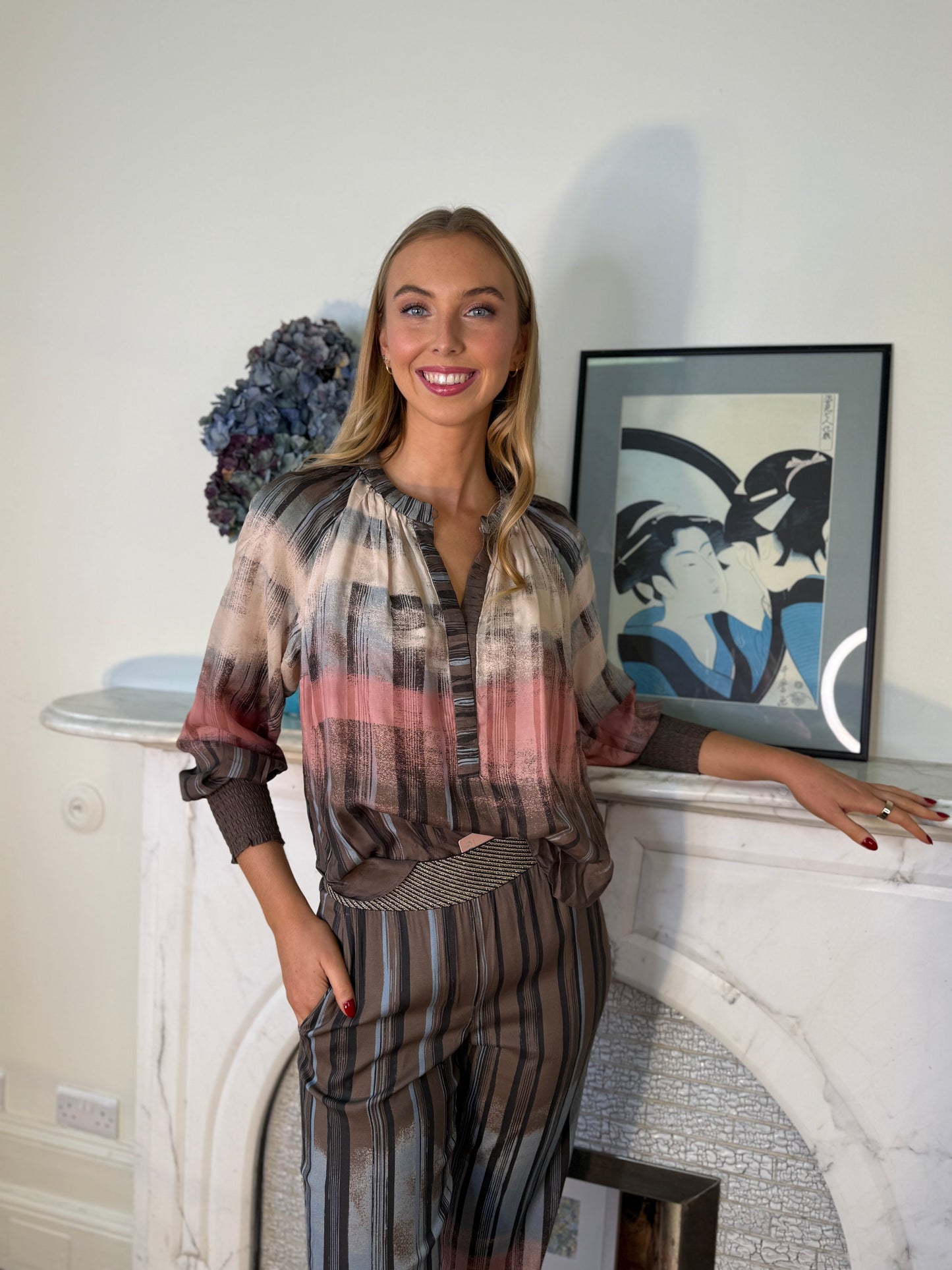 Gustav Annsofie Blouse in Salmon, Cream and Taupe Brown