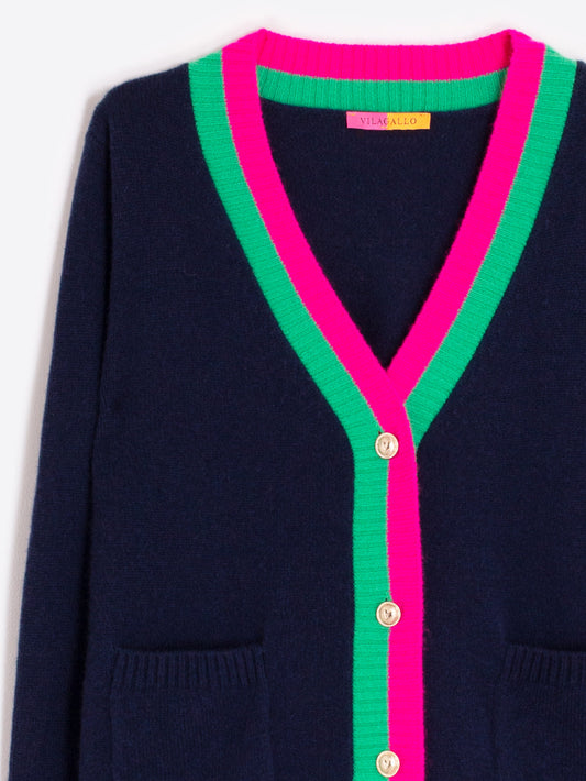 Vilagallo Navy Wool-Blend Cardigan With  Coloured Trims