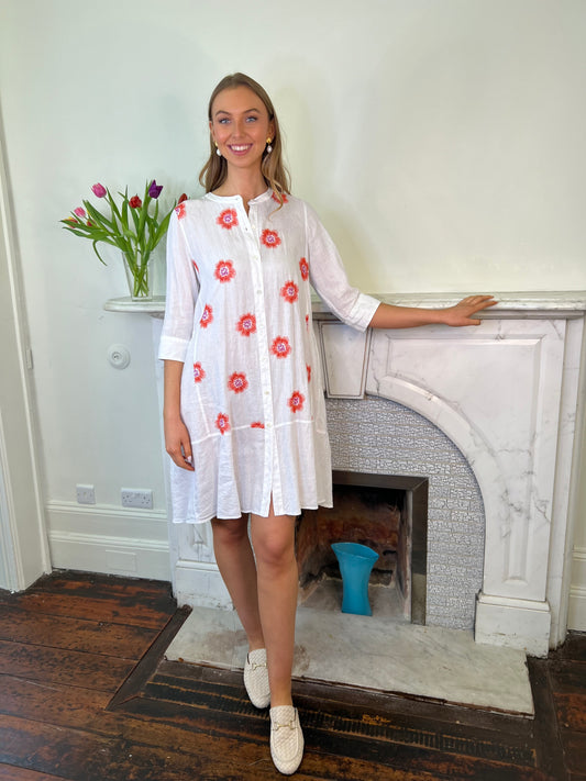 White Linen Relaxed Dress with Hand Embroidered Detail