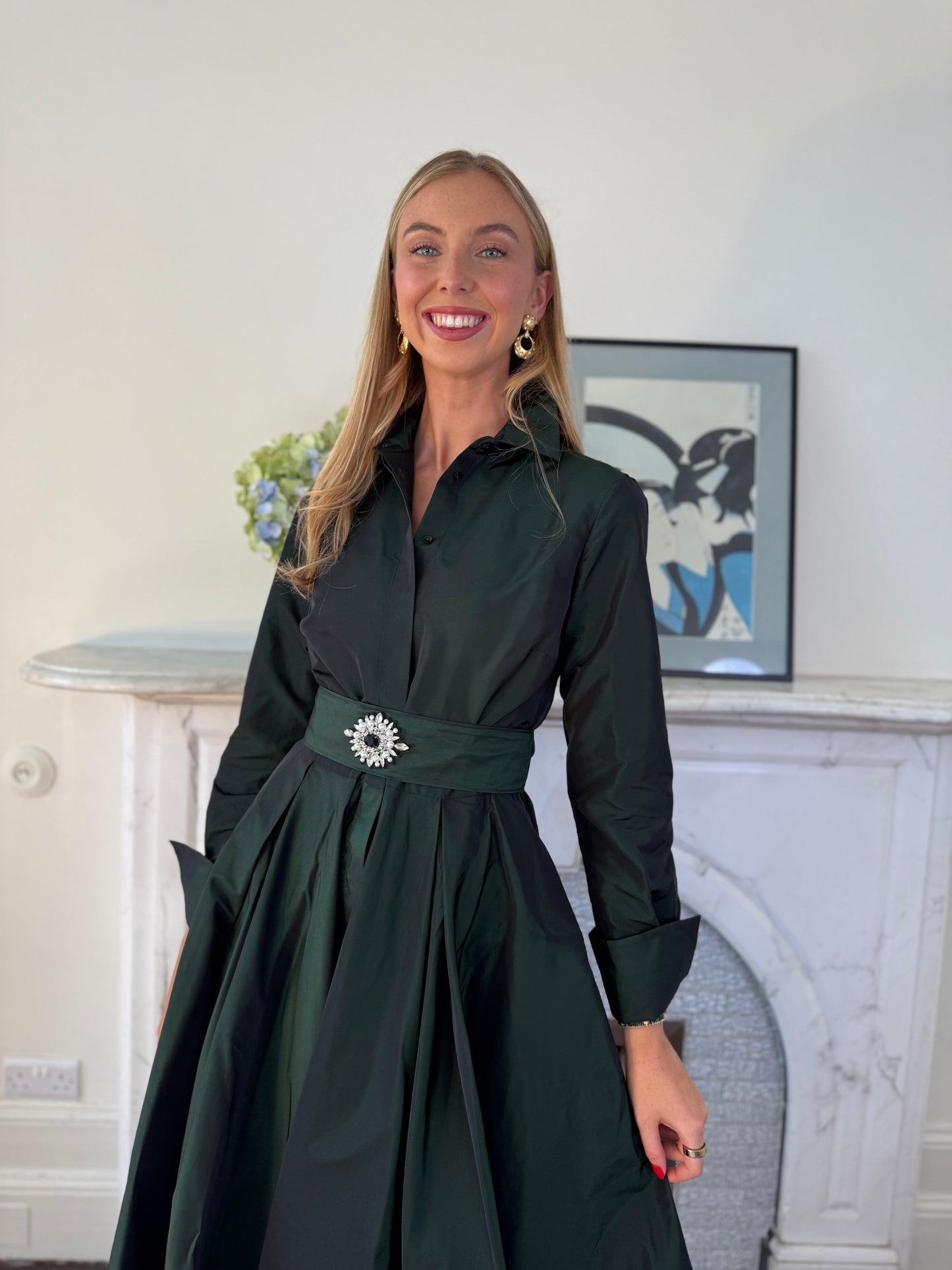 Sara Roka Iridescent  Midi Shirt Dress in Iridescent Green
