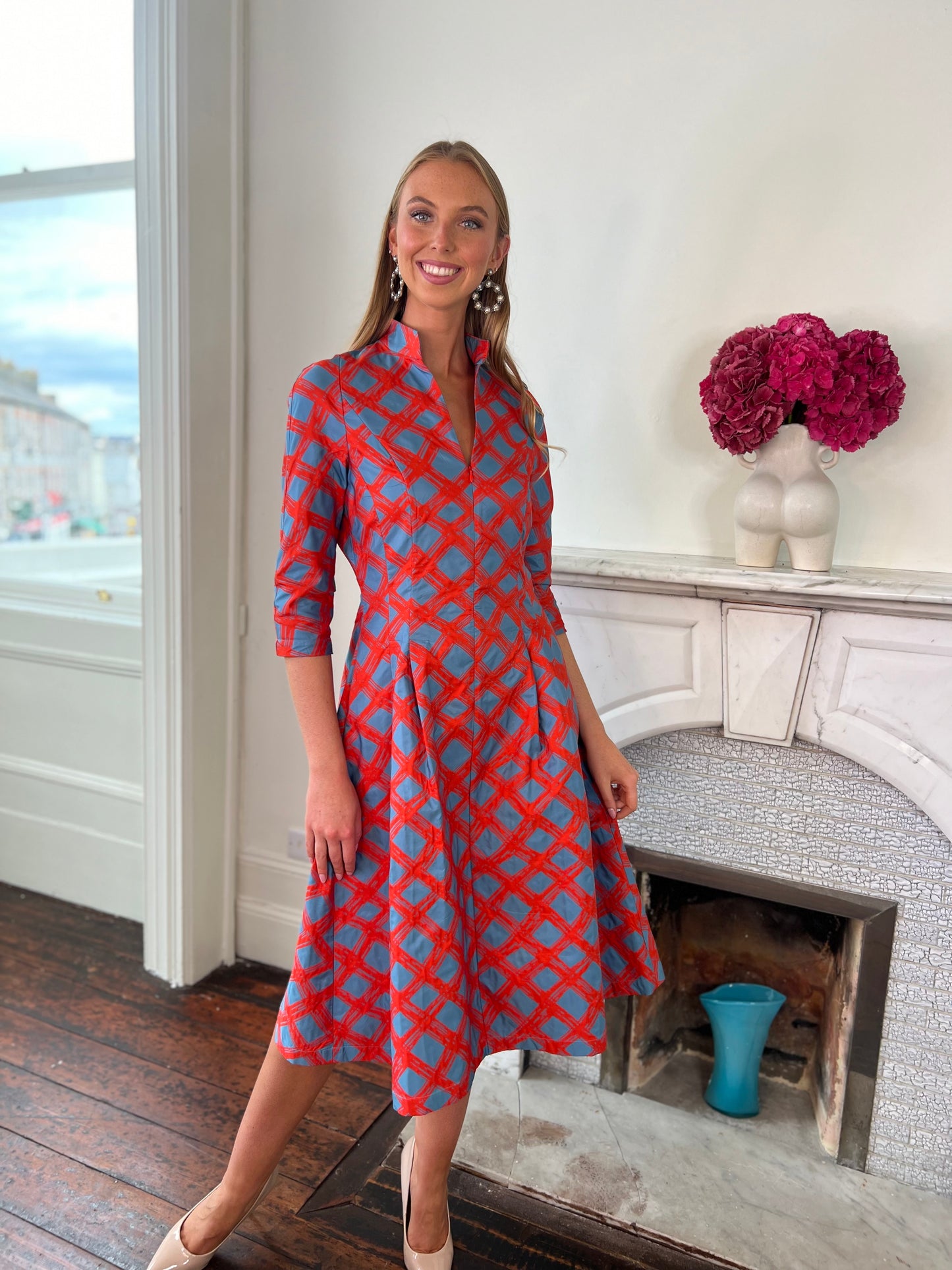 Orange and Turquoise Brocade Fit and Flare Dress