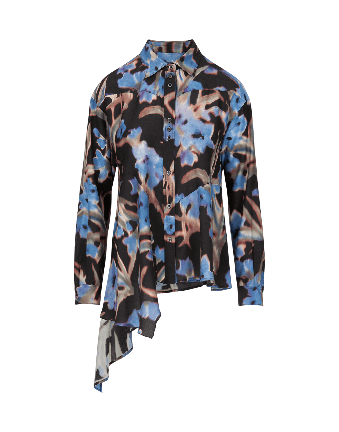 Gentle Asymmetrically Cut Shirt in Black and Blue Abstract Floral