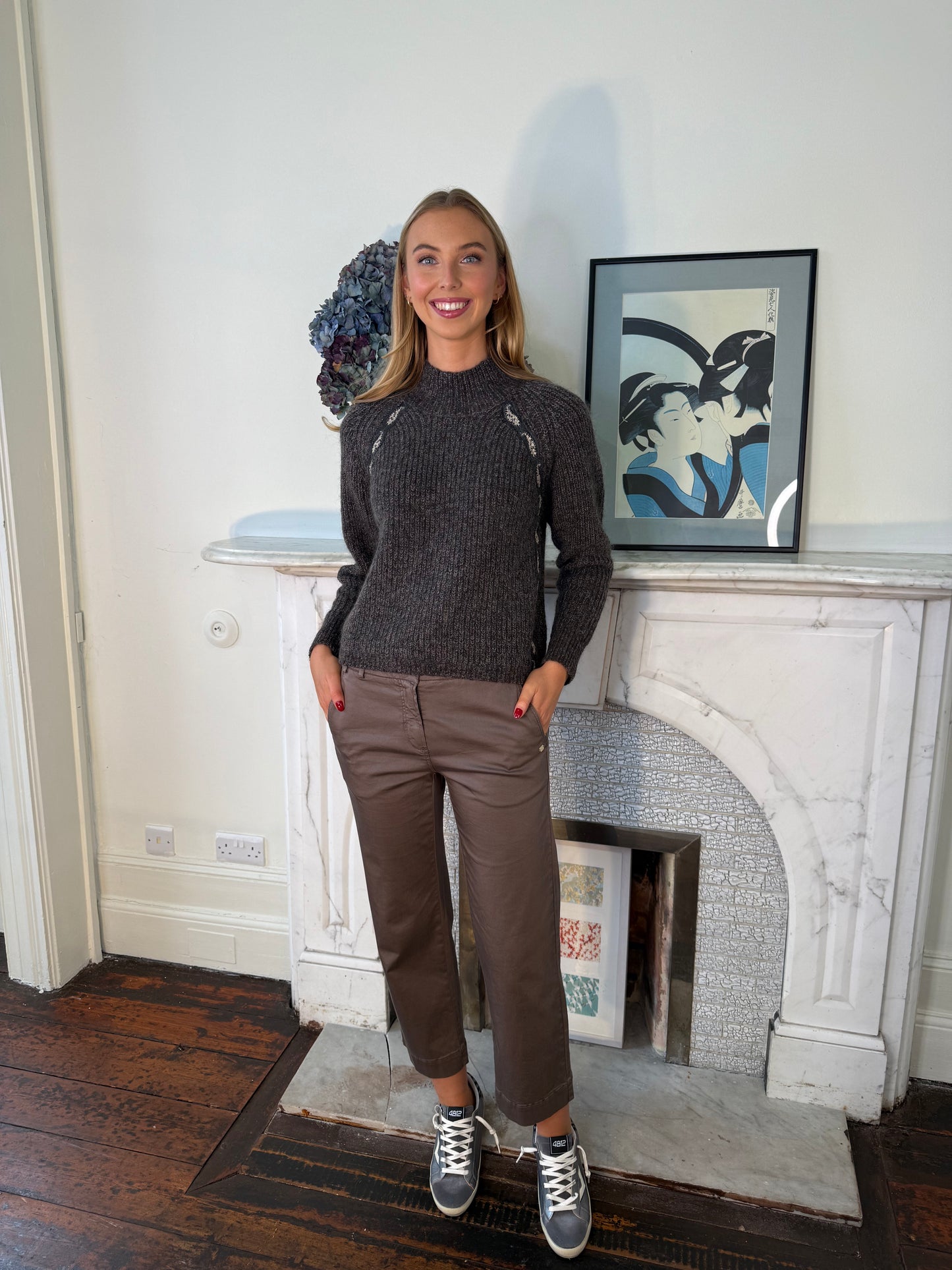 Gustav Lio Dark Grey Knit Sweater with Contrast Light Grey Stitching