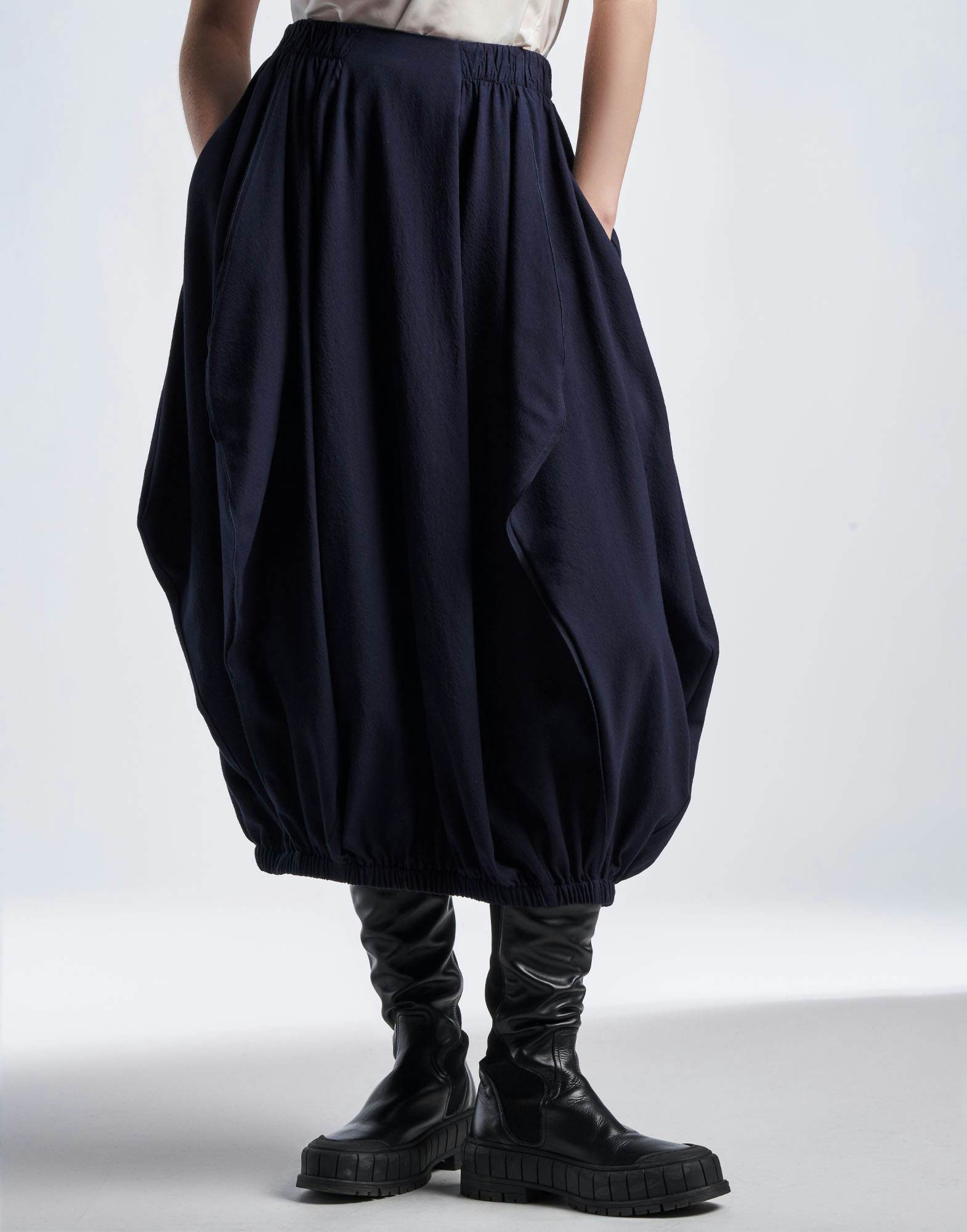 SCULPTED Navy Balloon Skirt with Inverted Asymmetrical Seams – Kimono