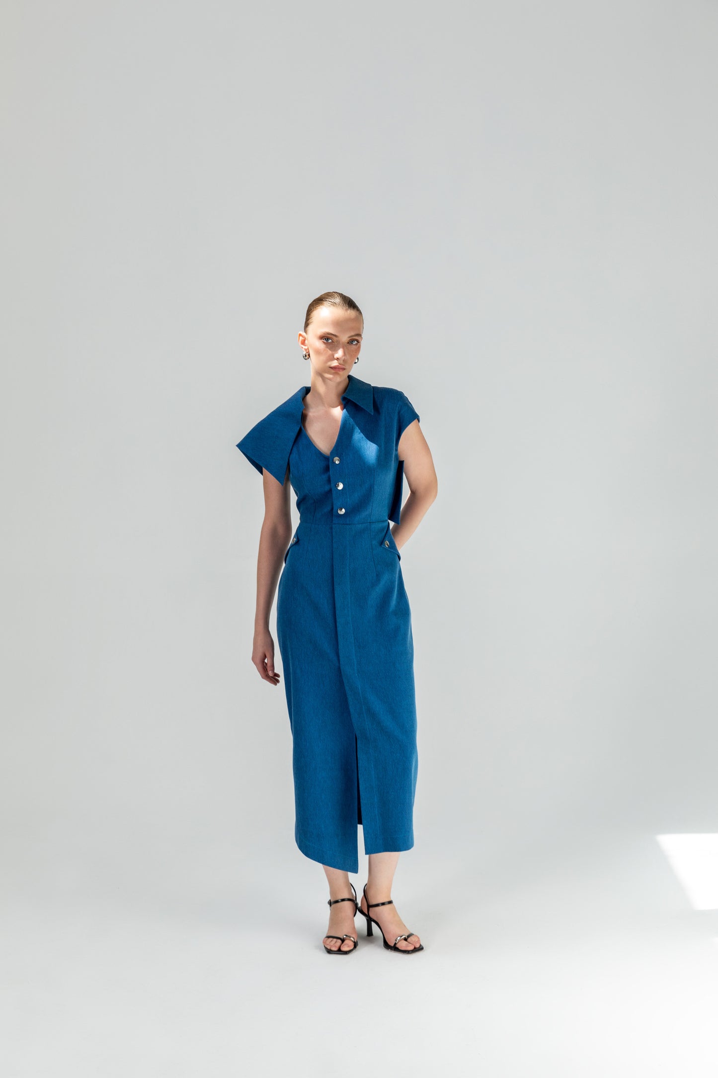 Kameya Fitted Denim Blue Dress with Gold Button Detail