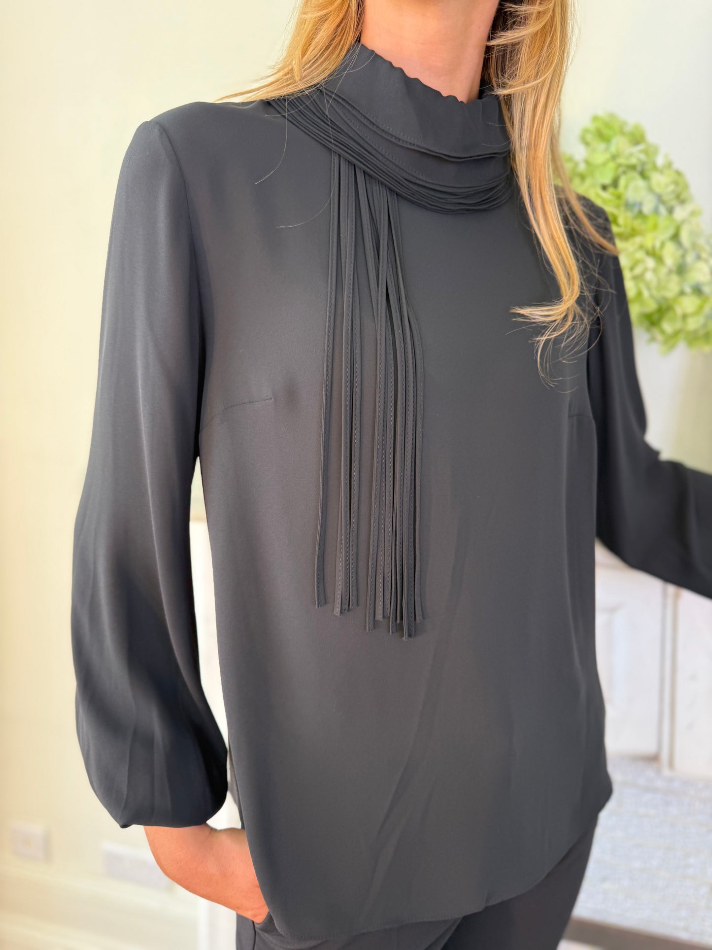 Kameya Black Blouse with Folded Neck Detail