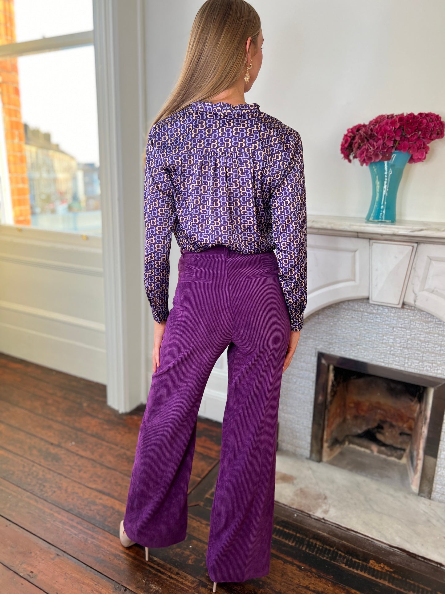 Purple Printed Neck Tie Blouse