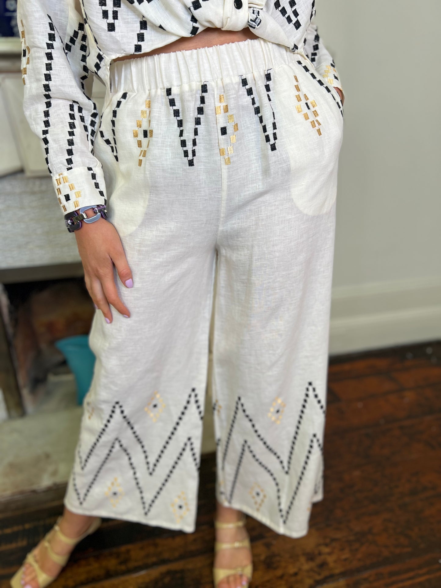 Cream Linen Shirt and Straight Leg Trousers with Gold and Black Embroidery