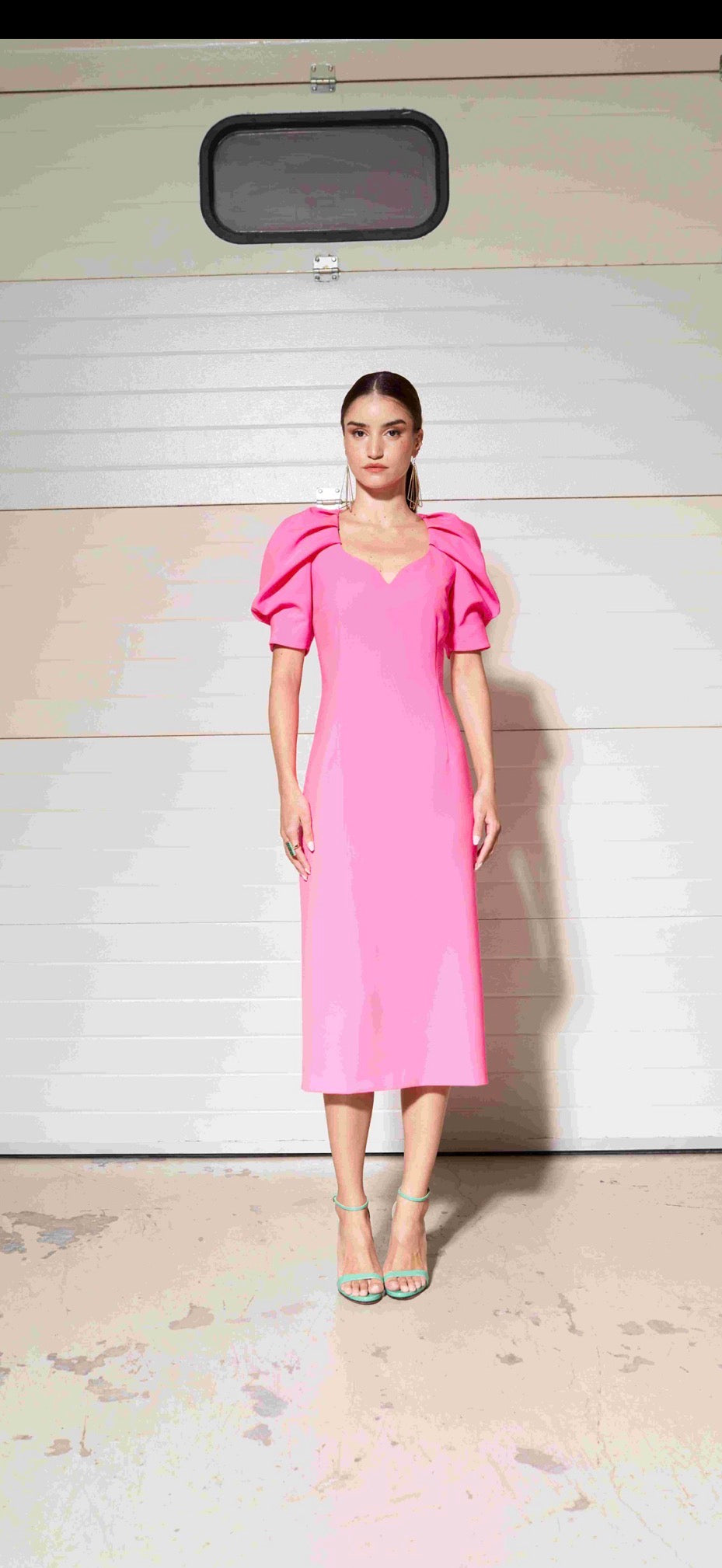 Moskada Pink Fitted Dress with Ruffled Sleeve and Sweetheart Neck Line