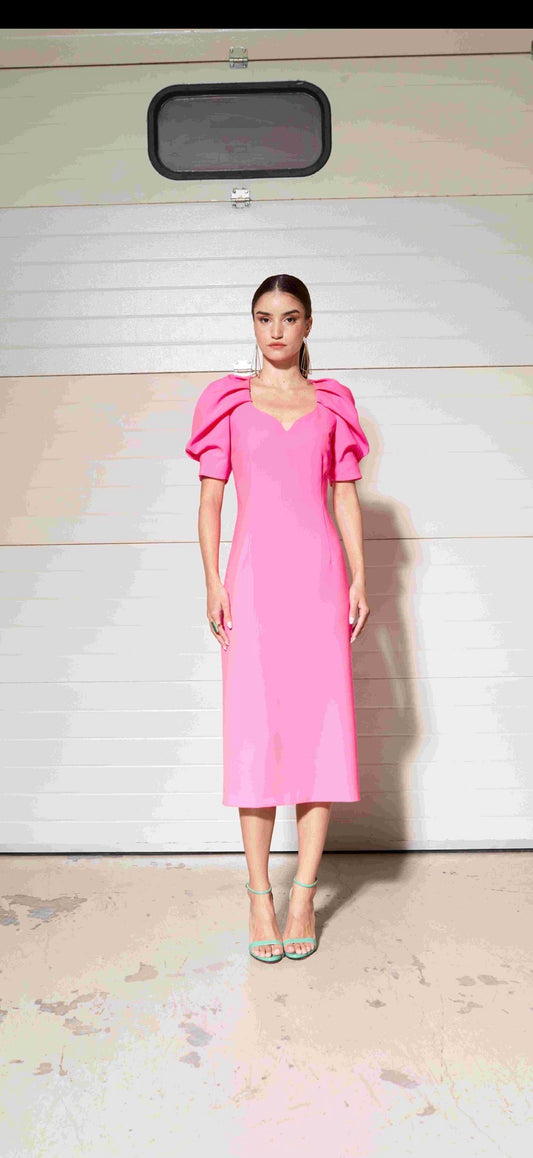 Moskada Pink Fitted Dress with Ruffled Sleeve and Sweetheart Neck Line