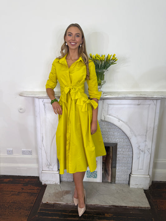 Moskada Yellow Taffeta Shirt Dress with Belt and Pocket Detail