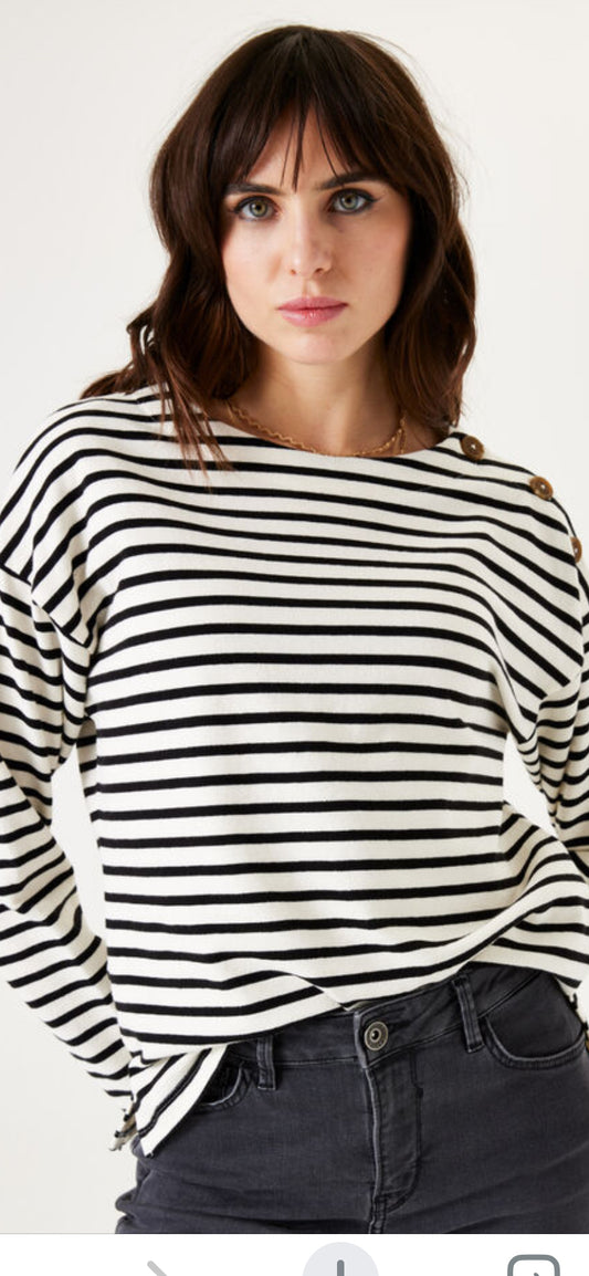 Black and Cream Stripped Breton Top with Button Detail on Shoulder