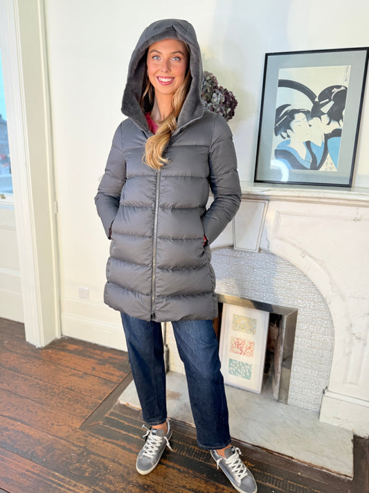 Herno Arendelle  A-Shape  Grey Quilted Jacket with Faux Fur Lined Hood