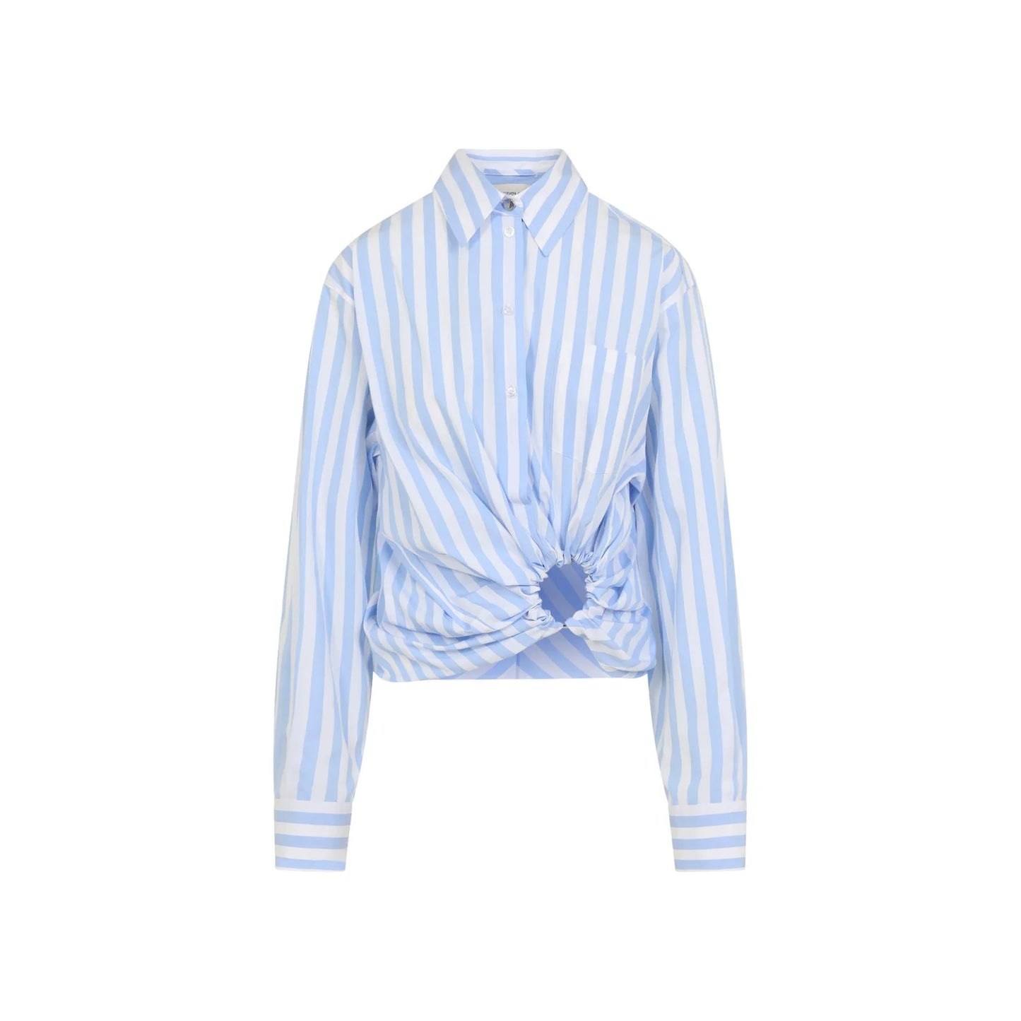 Sportmax Poplin Cotton Blue and White Striped Cropped Shirt with Ring Detail