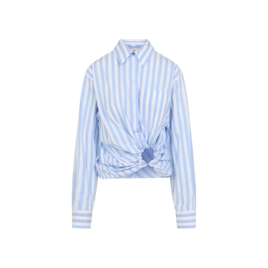 Sportmax Poplin Cotton Blue and White Striped Cropped Shirt with Ring Detail