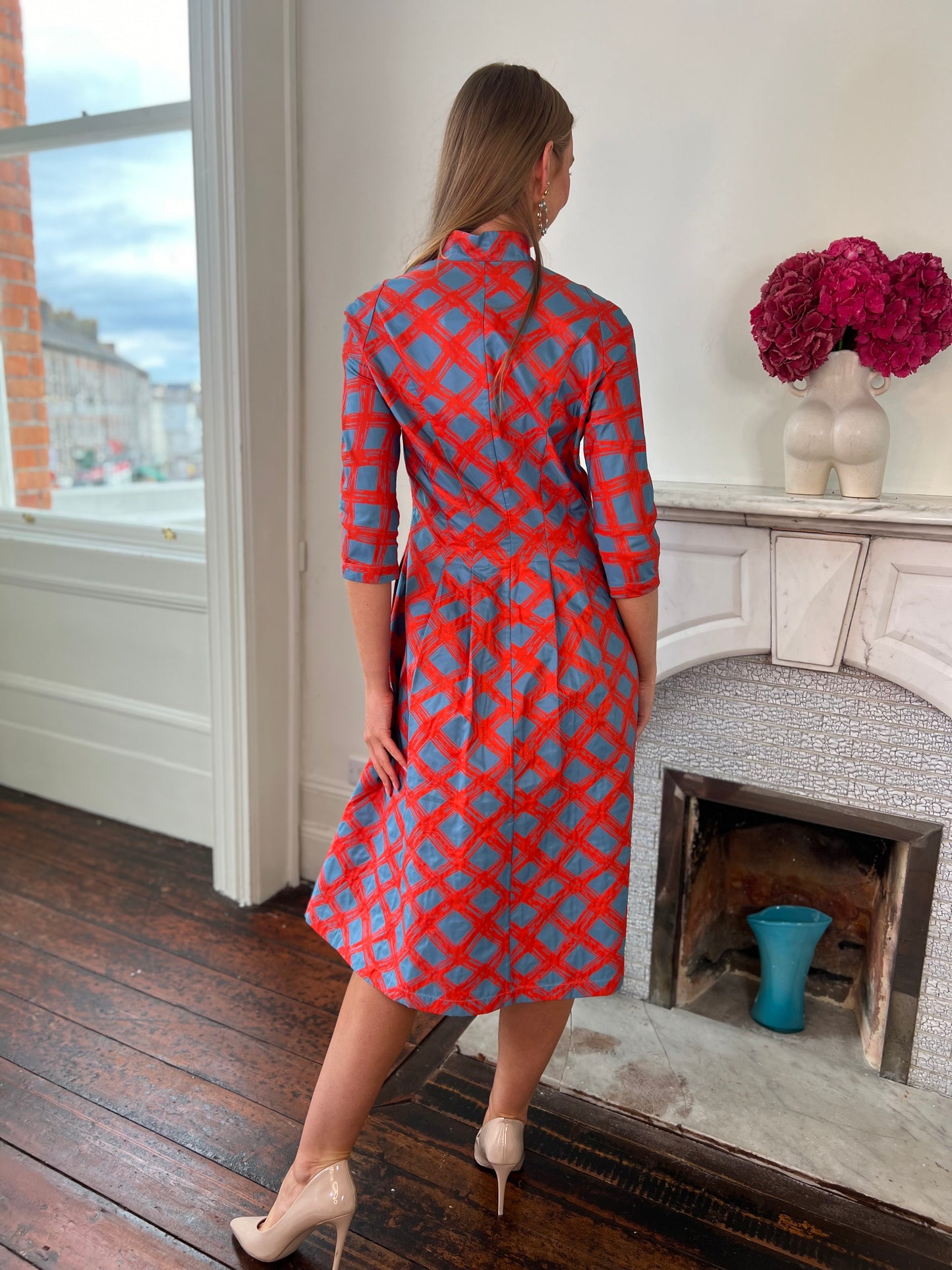 Orange and Turquoise Brocade Fit and Flare Dress