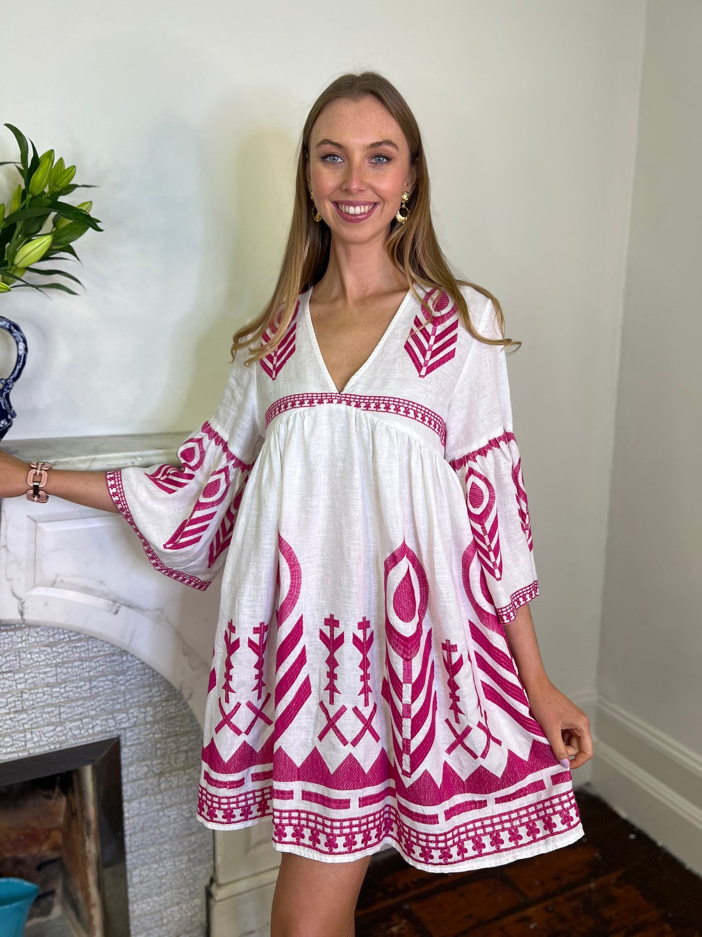 White and Magenta Linen Embroidered Relaxed Dress