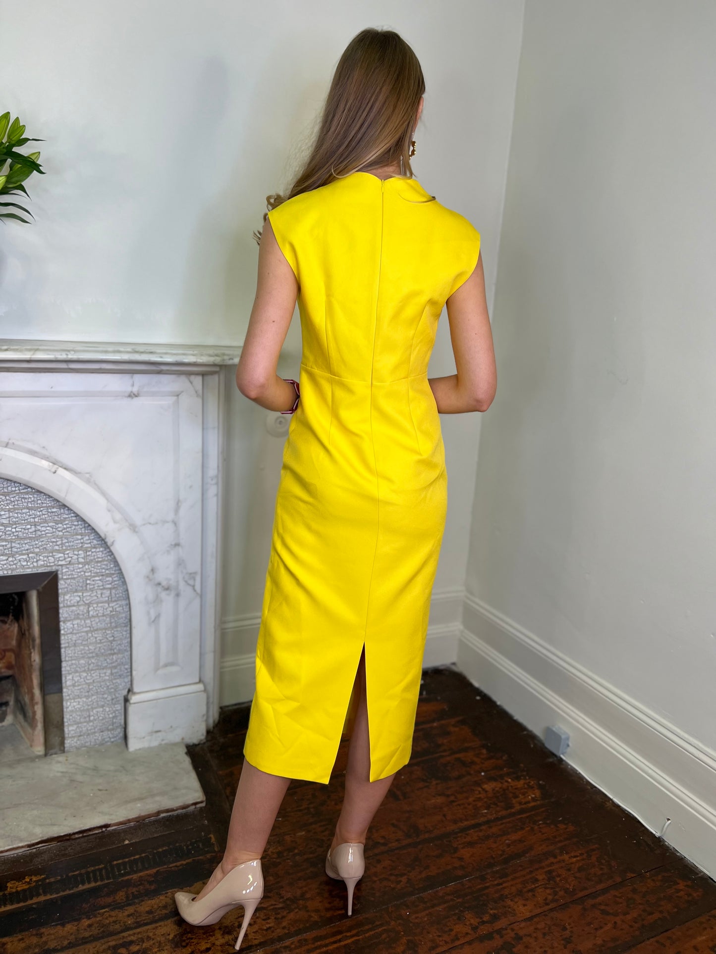 Sunset Yellow Fitted Midi  Dress with V Neck Detail