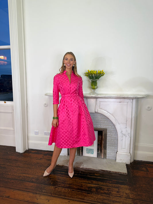 Moskada Magenta Polka Dot Embossed Fit and Flare Dress