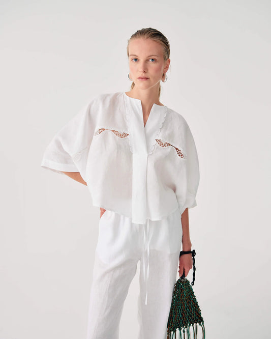 Beatrice B White Linen & Lace Top
