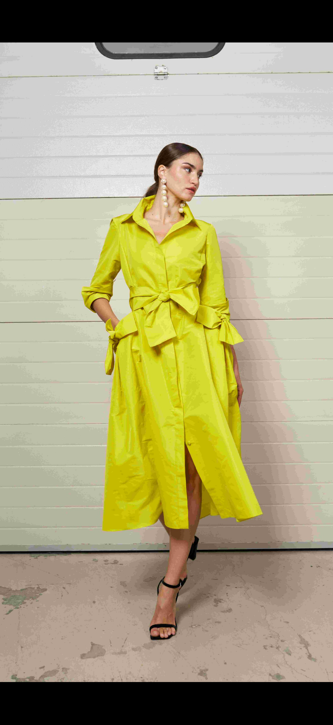 Moskada Yellow Taffeta Shirt Dress with Belt and Pocket Detail
