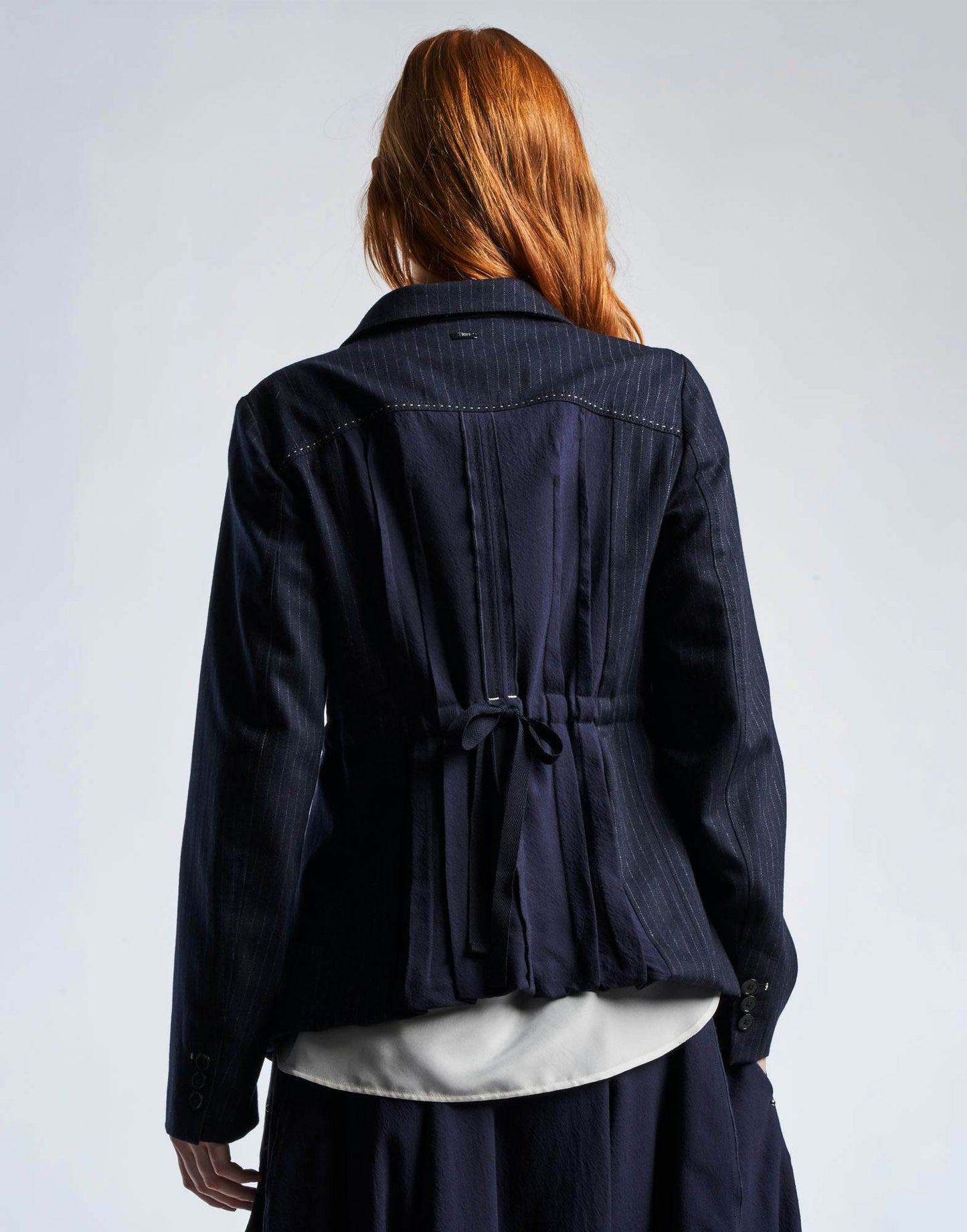 REPERTOIRE Fit and Flare Jacket in Navy Pinstripe and Wool Crêpe