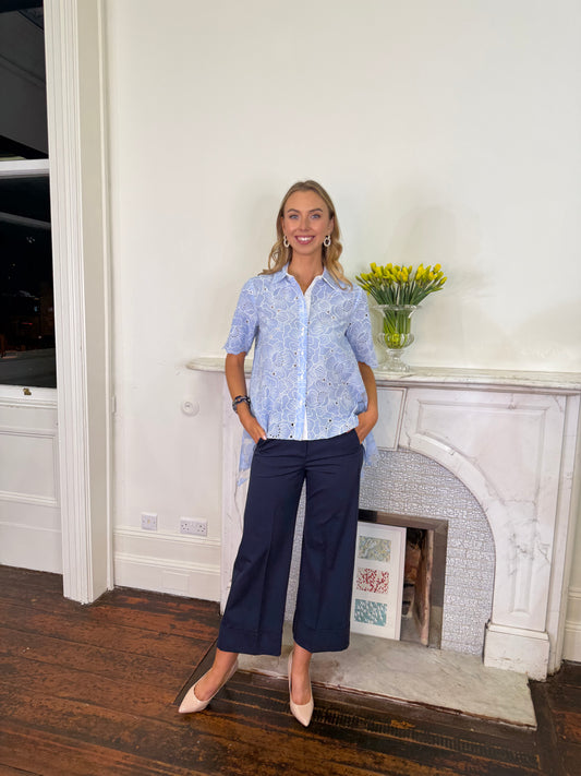 Beatrice B Sky Blue Embroidery Anglais and Lace Shirt