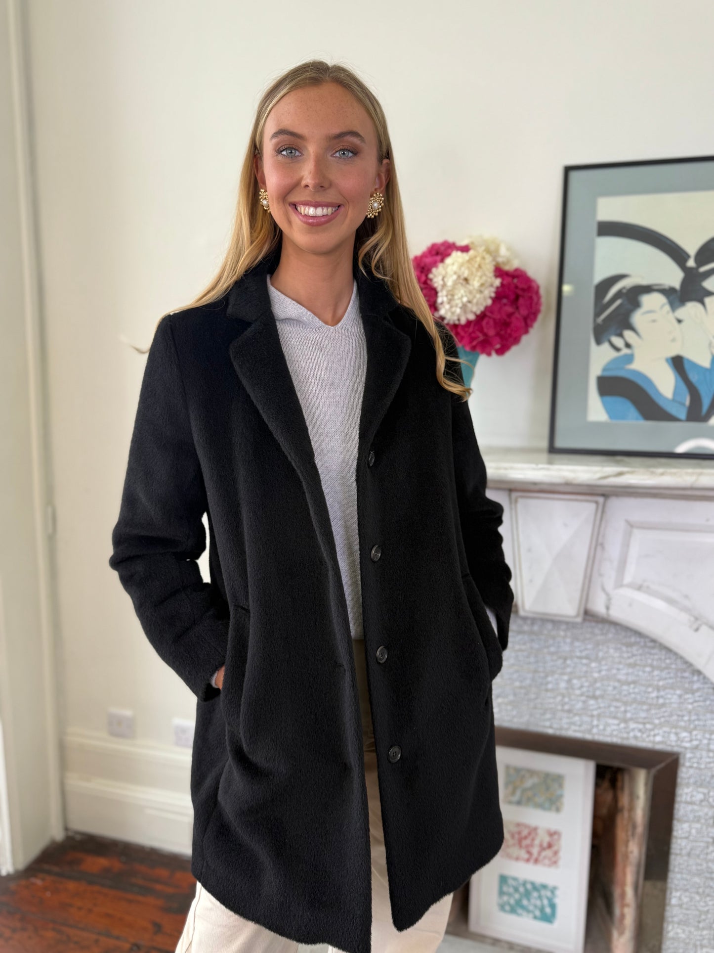 Rosso35 Black Alpaca and Wool Single Breasted Coat