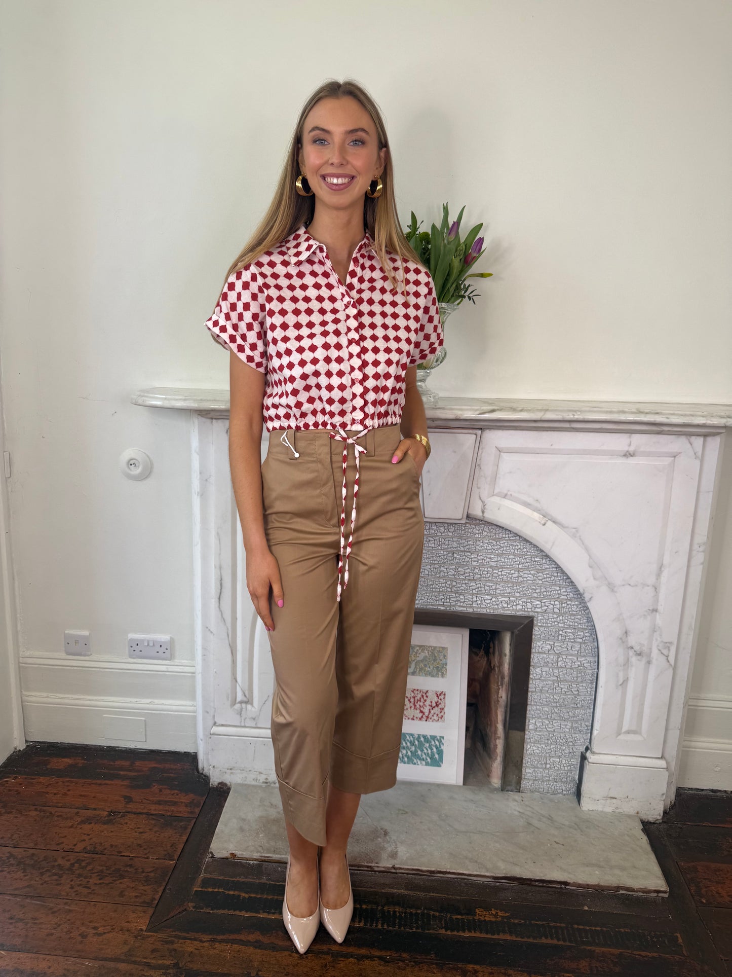 Iblues Linen and Cotton Red and Cream Printed Shirt Top