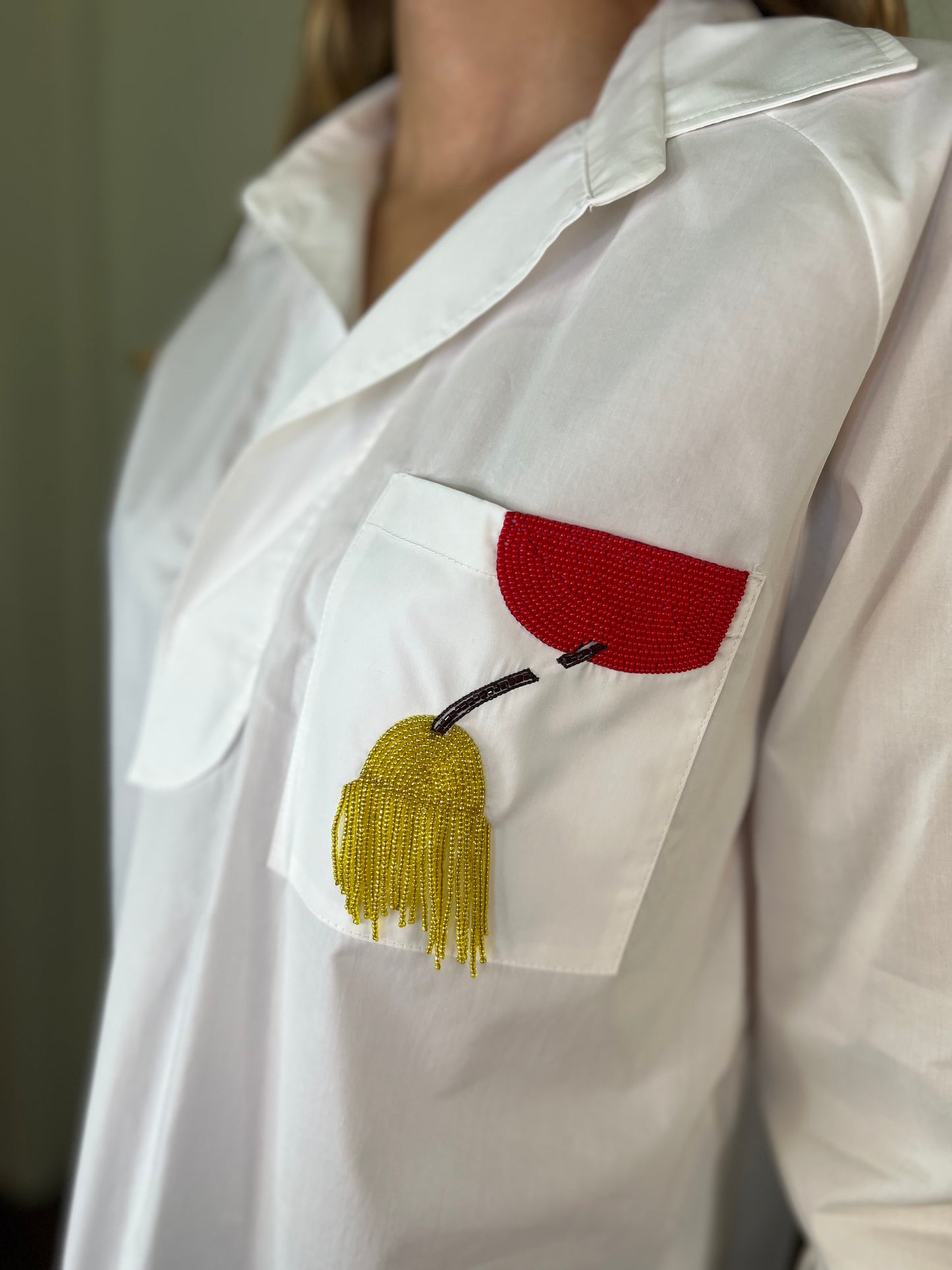 White Poplin Cotton Shirt with Red and Mustard Beaded Detail