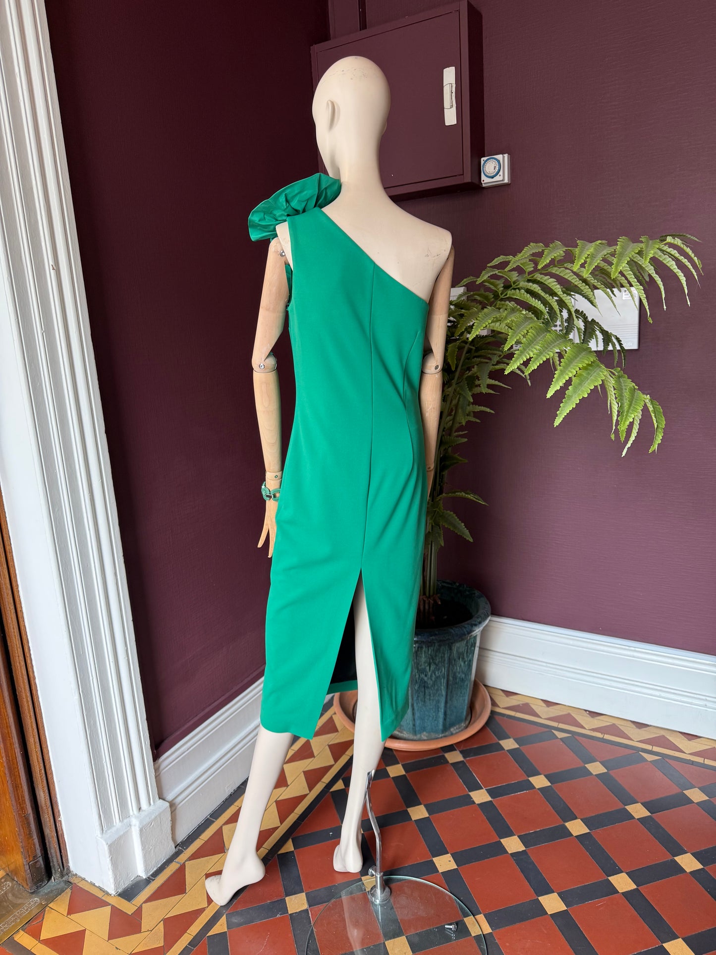 Moskada  Green One Shoulder Dress with Rosettes