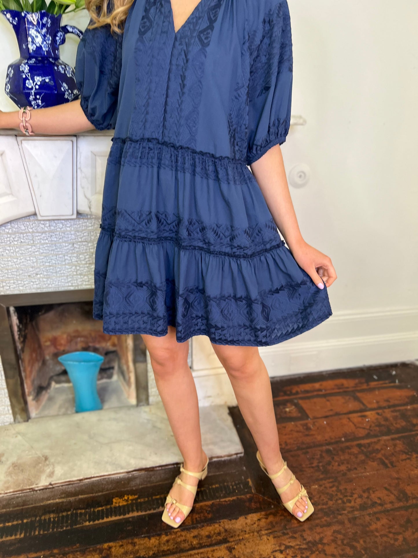 Navy Blue Total Cotton Embroidered Relaxed Dress