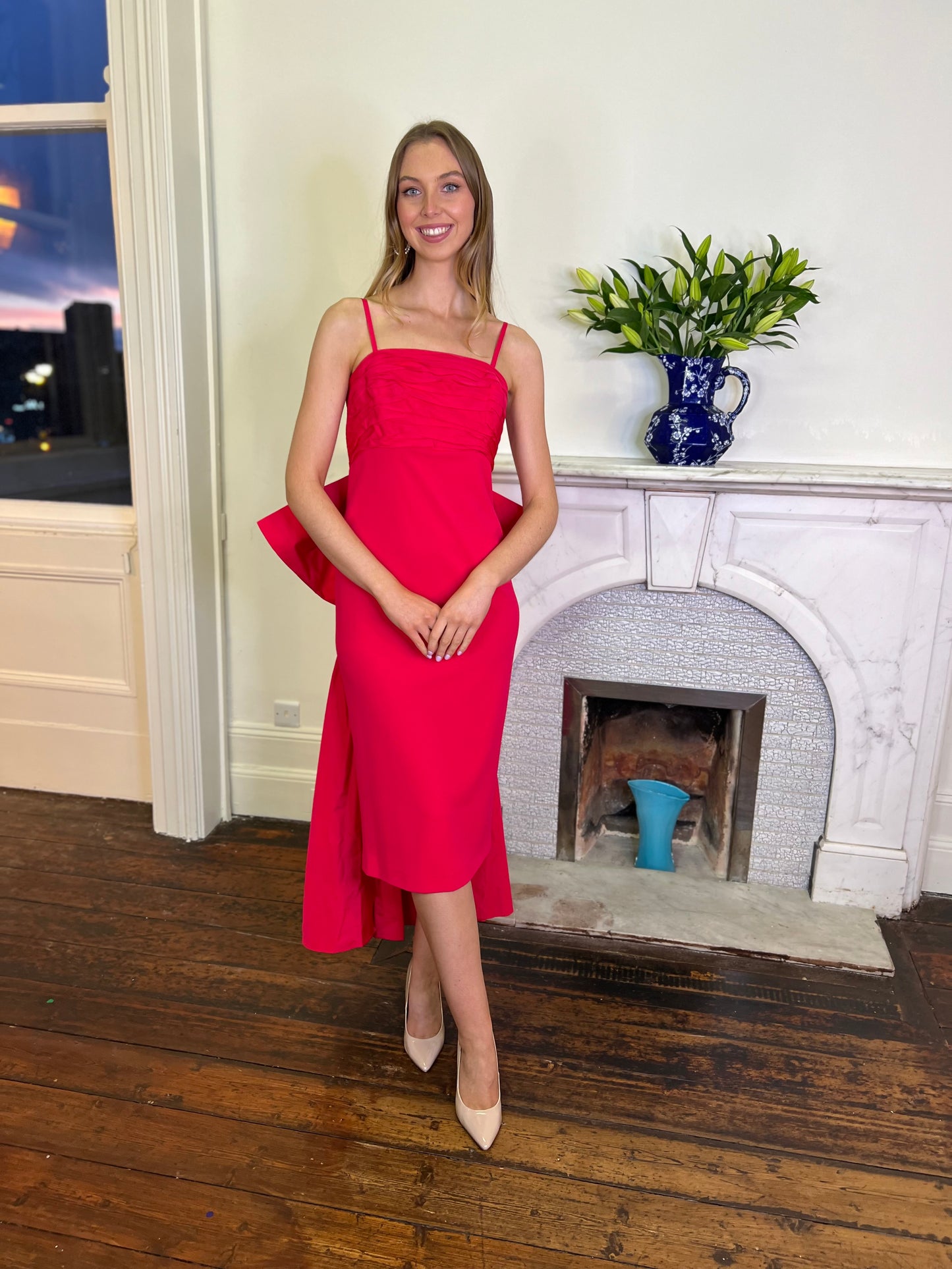 Cecilia Coral Red Dress with Bow Detail