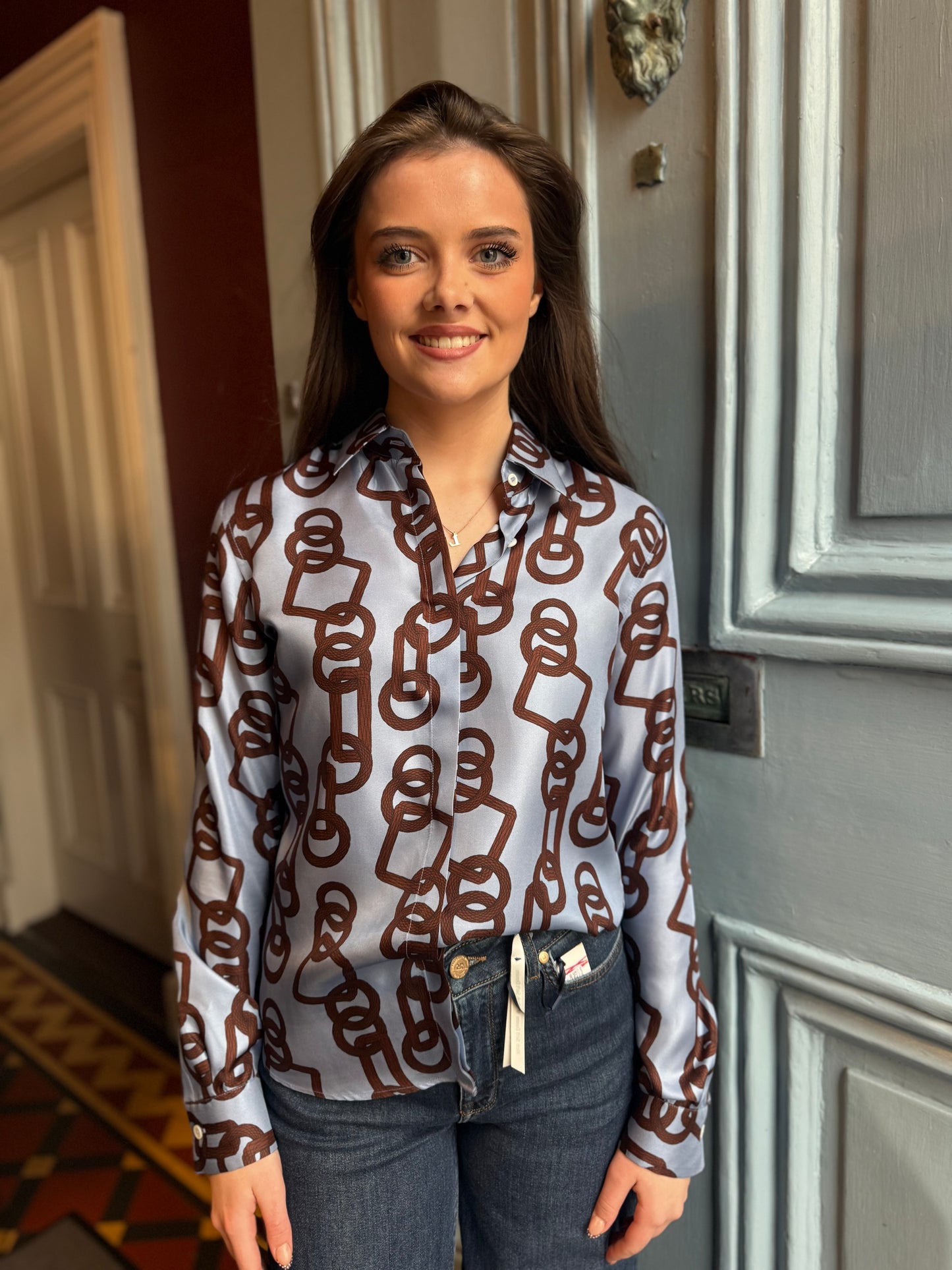 Caliban Aqua Blue And Brown Print Silk Shirt