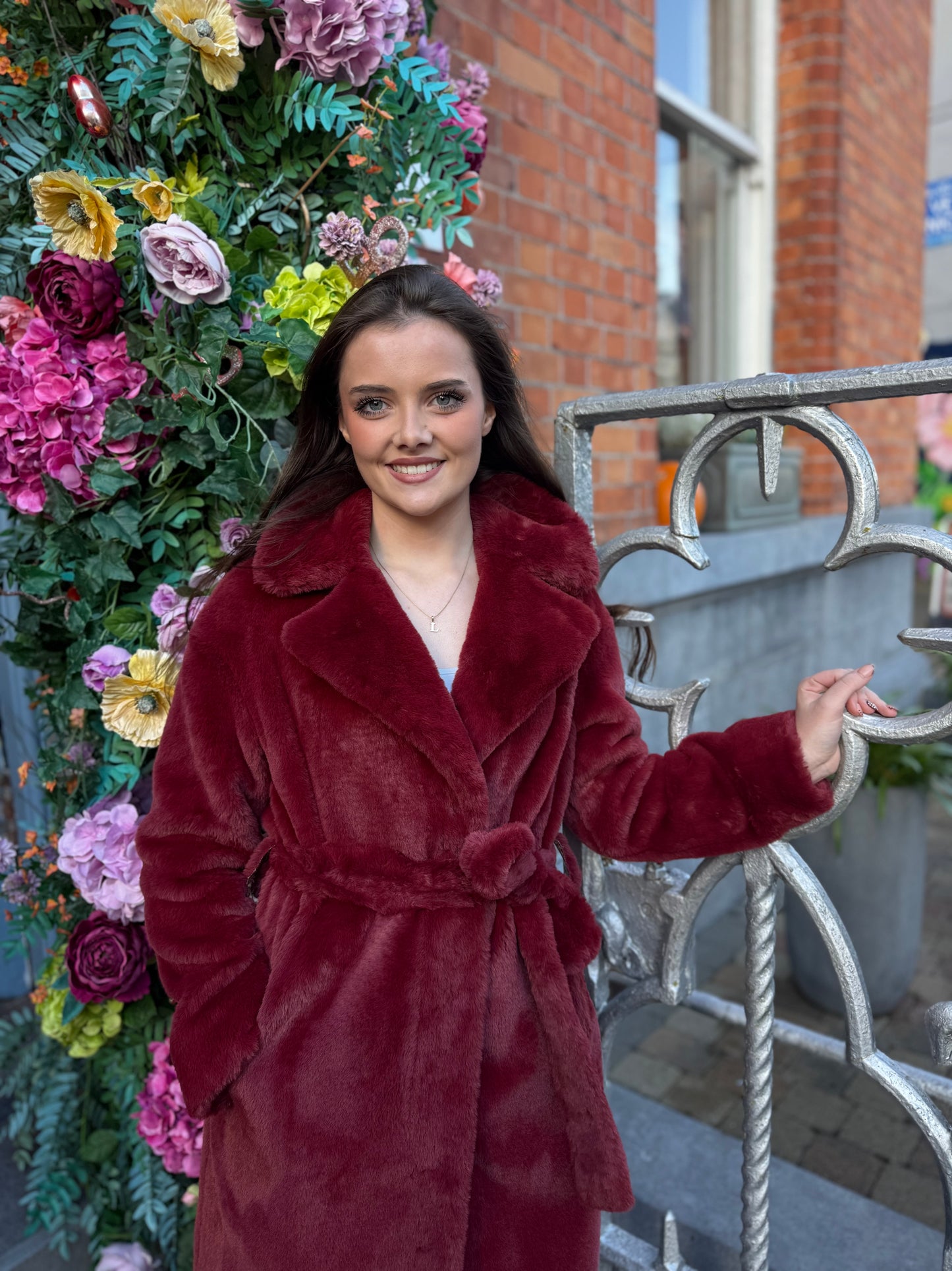 Herno Bordeaux Belted  Coat in  Alternative Fur