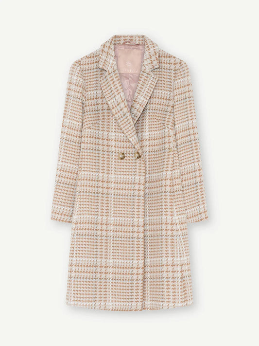 Mary Cream and Sand Houndstooth Double Breasted Wool Mix Coat