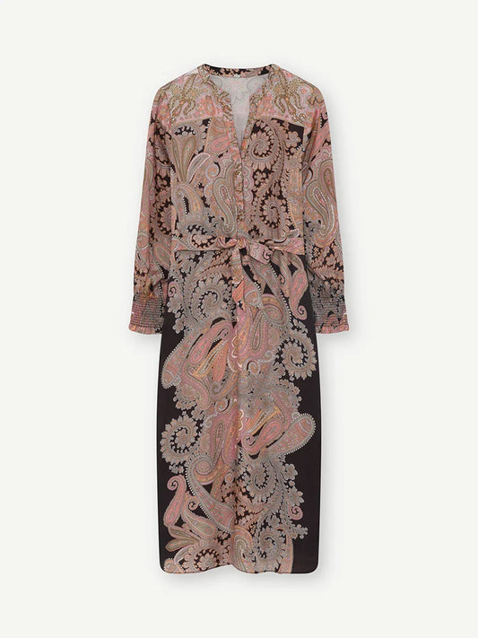 Nicole Belted  Midi Dress in Black and Pink Paisley Print