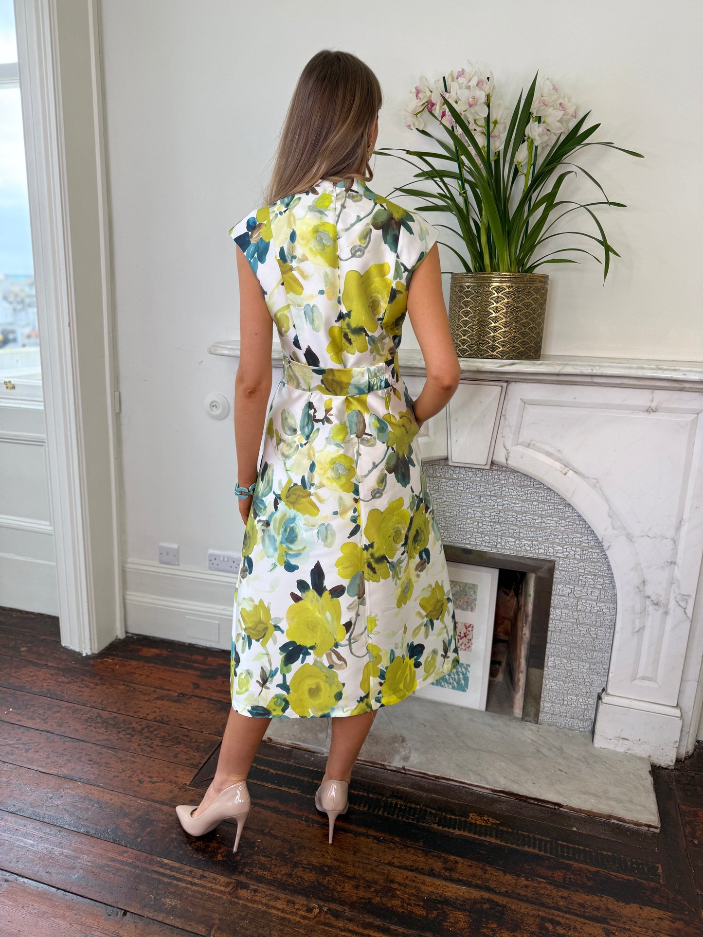Sara Roka Lime Roses Satin Print Dress with Bow Belt