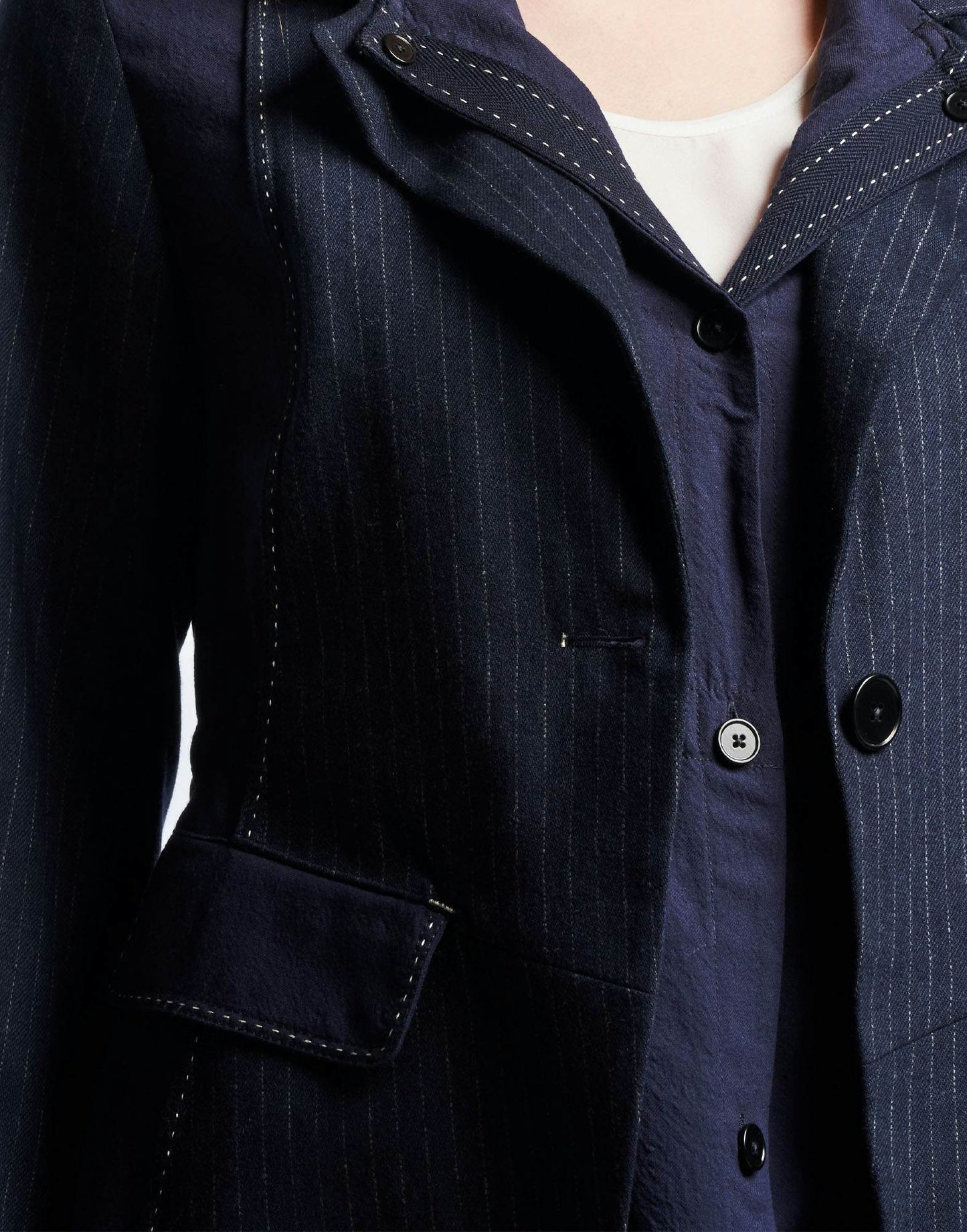 REPERTOIRE Fit and Flare Jacket in Navy Pinstripe and Wool Crêpe