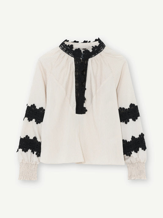 Gustav Annsofie Blouse in Off White and Black Lace Trim