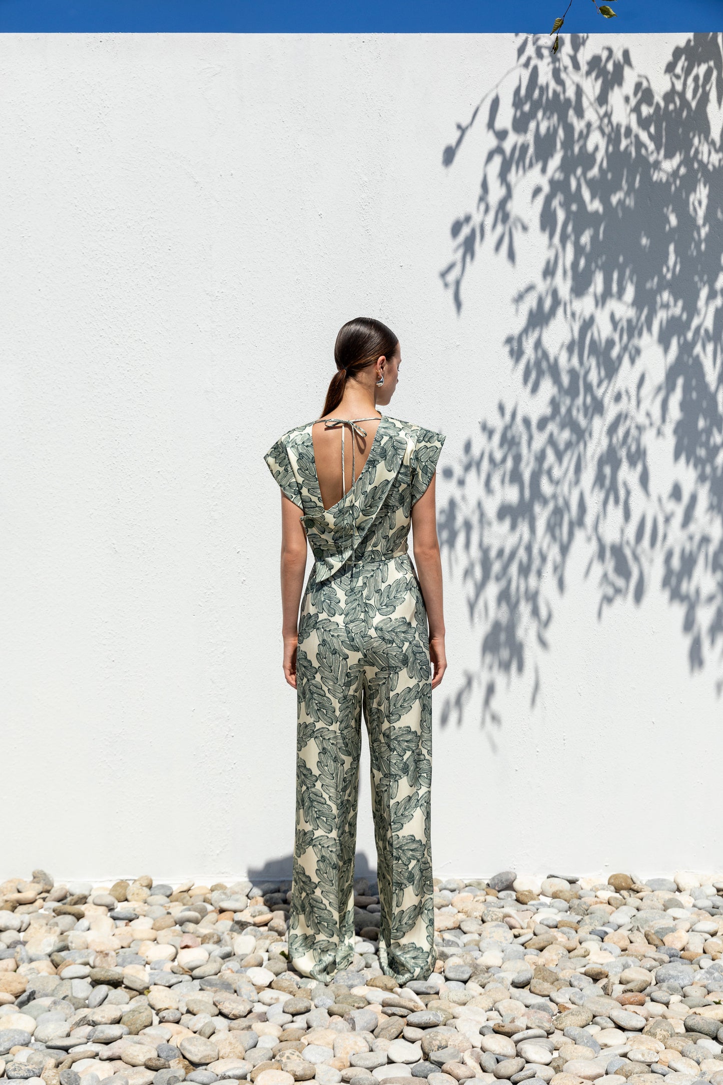 Kameya Teal Green and Cream Printed Jumpsuit