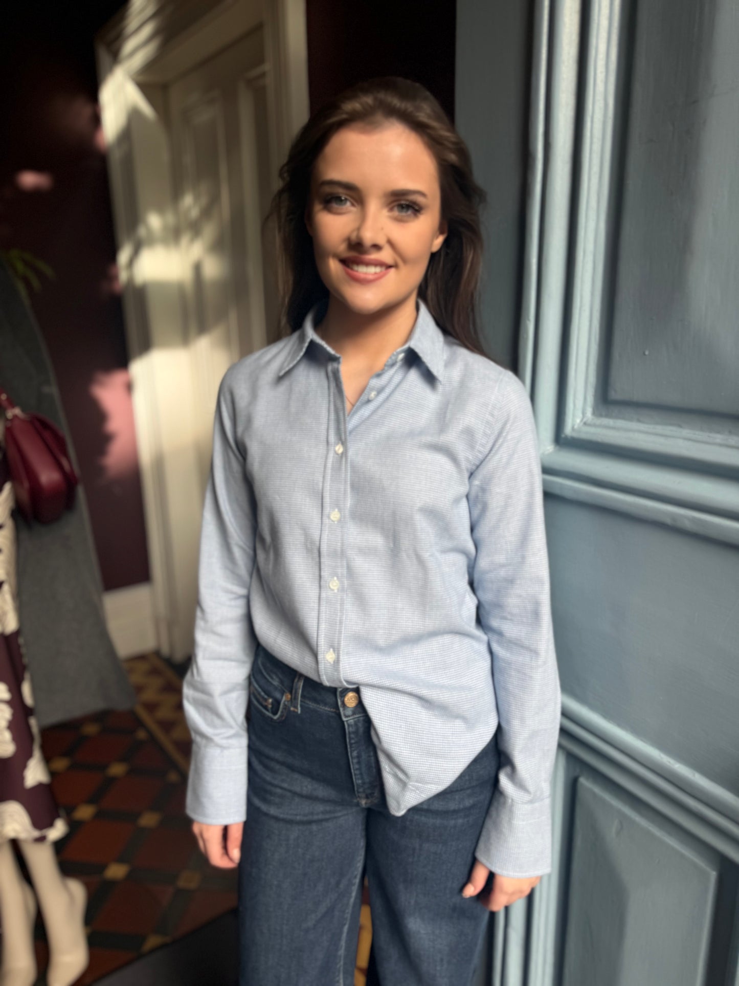 Caliban Blue Houndstooth Brushed Cotton Shirt