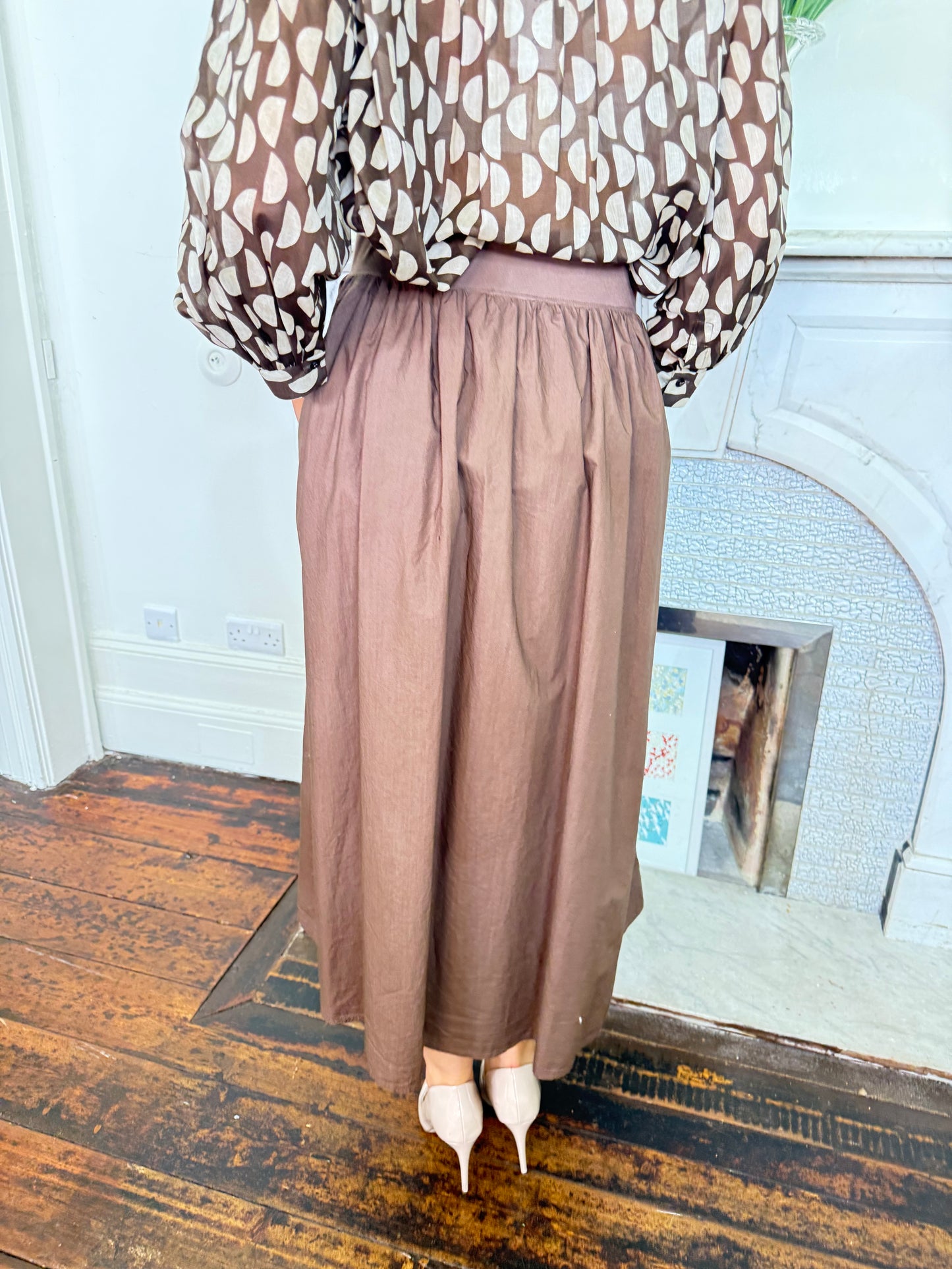 Rosso35 Brown Cotton  Full Skirt with Elasticated Waist