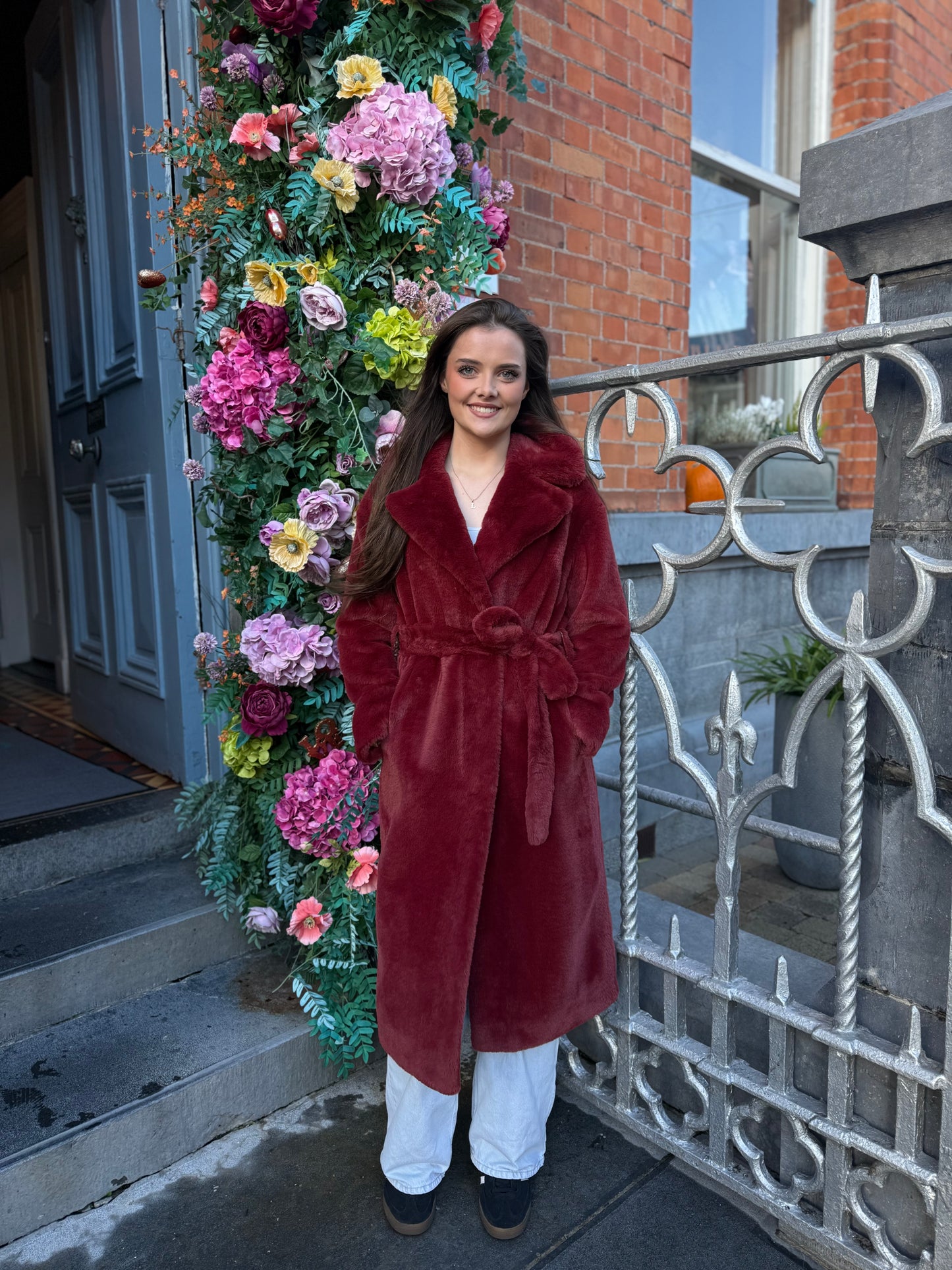 Herno Bordeaux Belted  Coat in  Alternative Fur