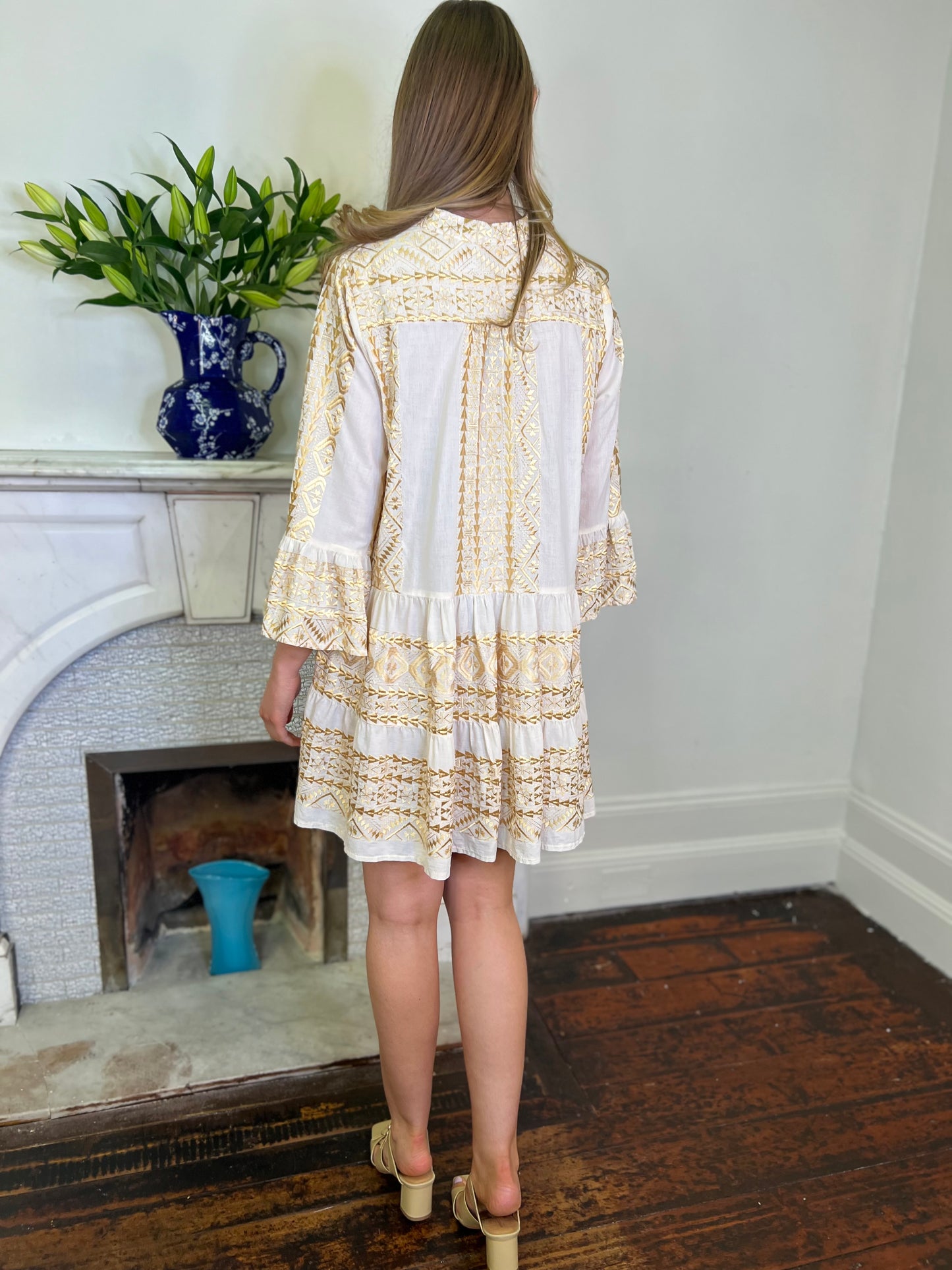 Natural Cream and Gold Embroidered Cotton Tunic Dress