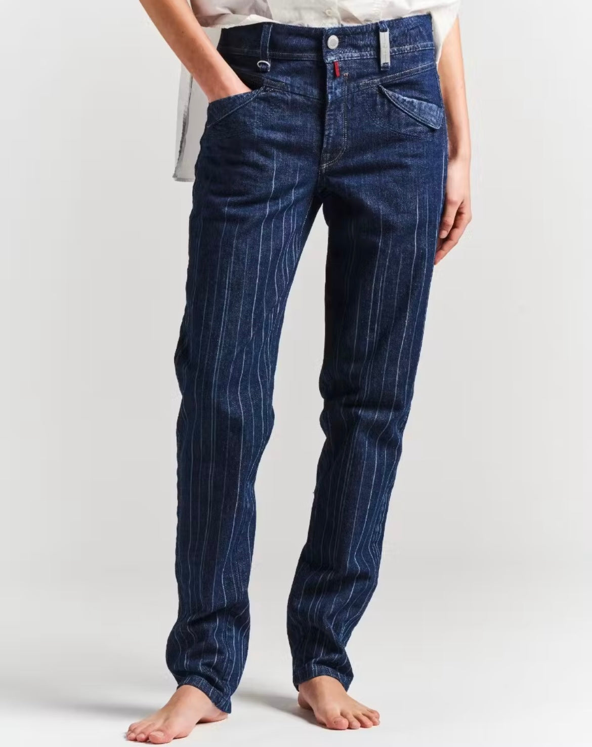 Fade-in-out laser pinstripe jeans